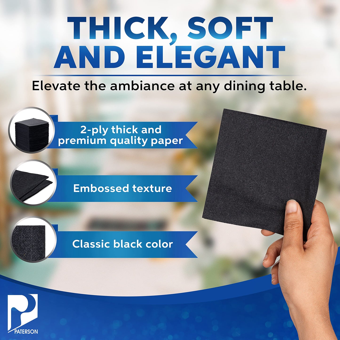 Beverage Napkins Bulk - 2-Ply Black Cocktail Napkins 10" x 10" - Case of 1000 (50 per pack, 20 packs) - Paper Drink Dessert Party Napkins for Restaurants, Bars, Weddings, Catering - Paterson Paper