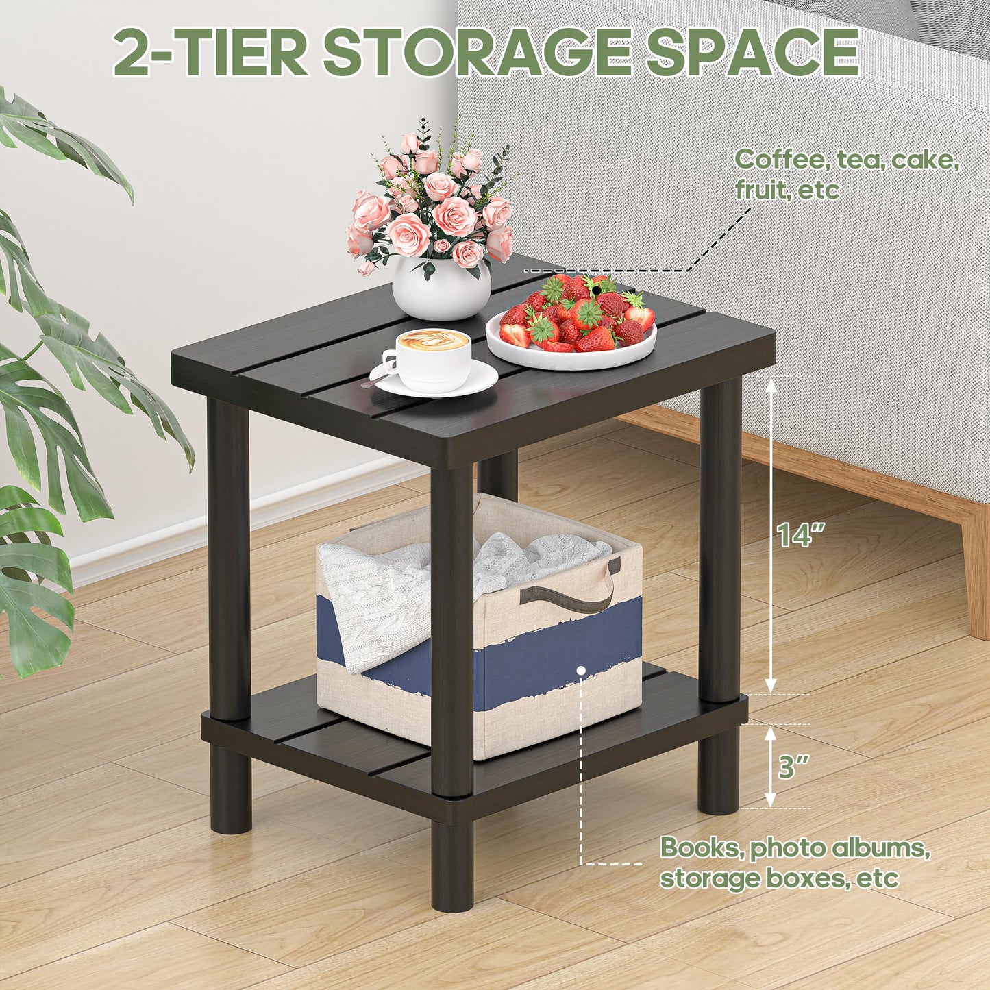 Outdoor Side Table, 2-Tier Small Outdoor Table for Patio, Adirondack Side Table for Outside or Indoor, Bamboo End Table for Pool, Porch, Weather Resistant Easy Maintenance(Black)