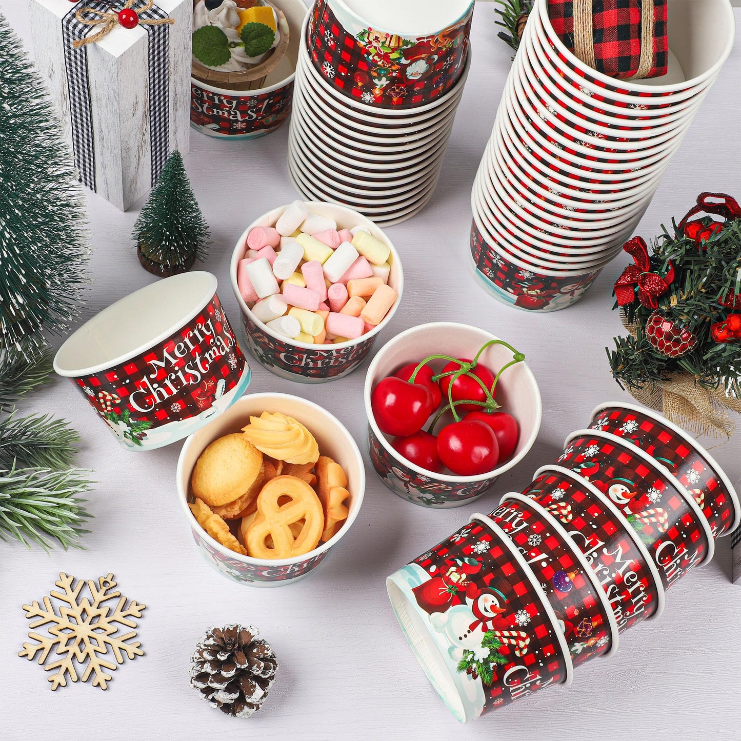 50 PCS Christmas Snack Bowls 9 oz Paper Ice Cream Cups Christmas Disposable Treat Cups Dessert Bowls Plaid Snack Paper Cups Snowman Santa Bowls for Holiday Treat Dessert Cakes Candy Party Supplies