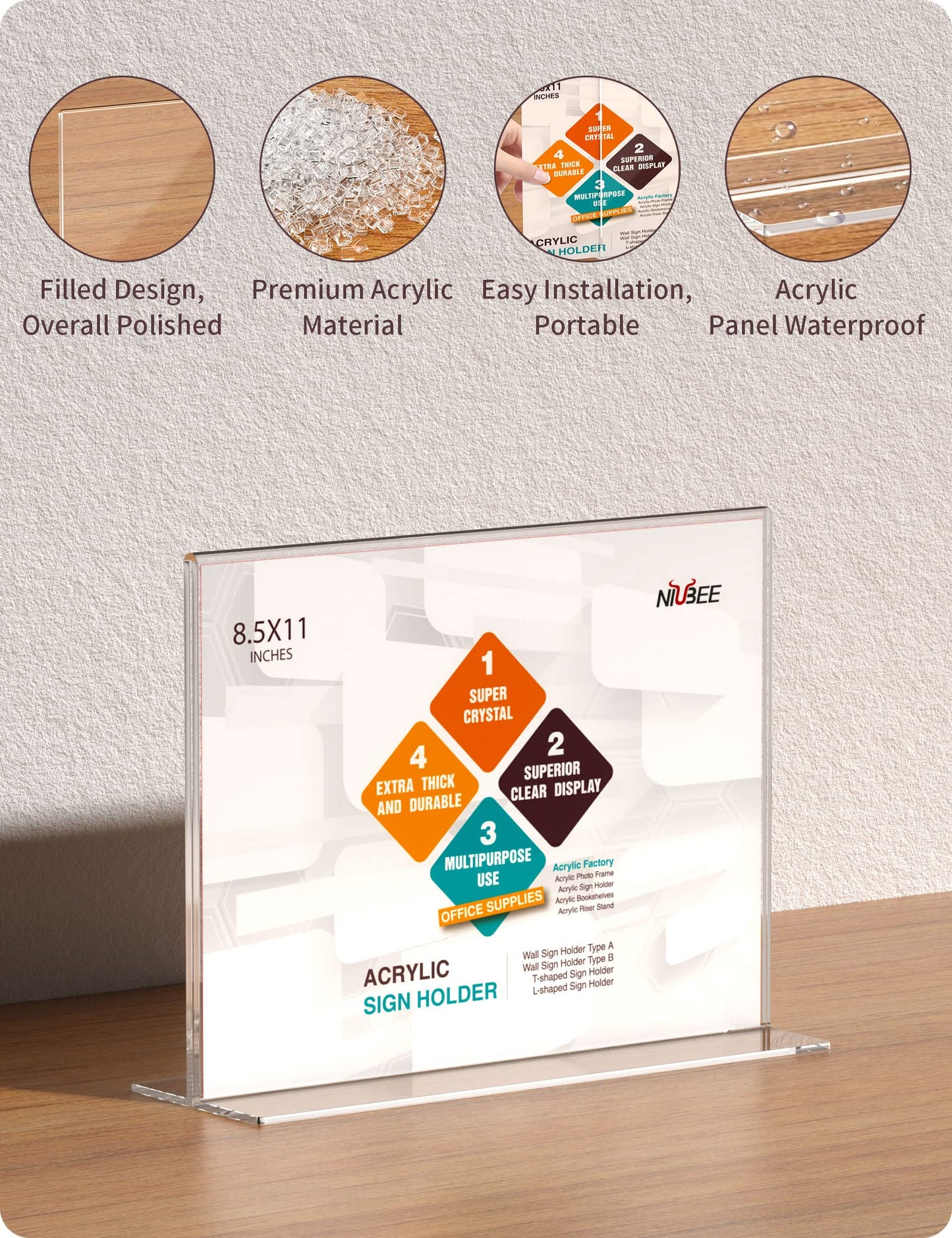 NIUBEE Acrylic Sign Holder 8.5x11 Inches 6 Pack Horizontal, T Shape Double Sided Clear Frames, Plastic Paper Flyer Display Holder, Document Menu Table Stand for Office, Store -Landscape