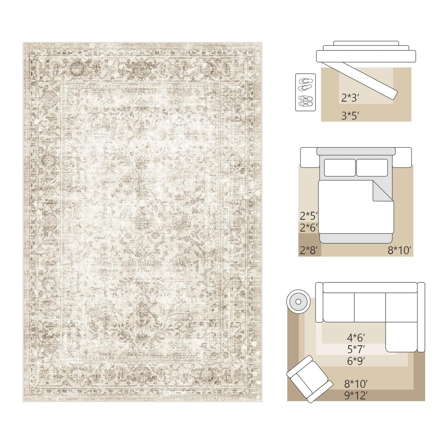 Fmfunctex 2x6 Hallway Runner Rug Beige Vintage Neutral Washable Non Slip Low Pile Traditional Entryway Indoor Carpet Soft Retro Tapis Salon for Kitchen Living Room Bedroom Bathroom Laundry Entrance
