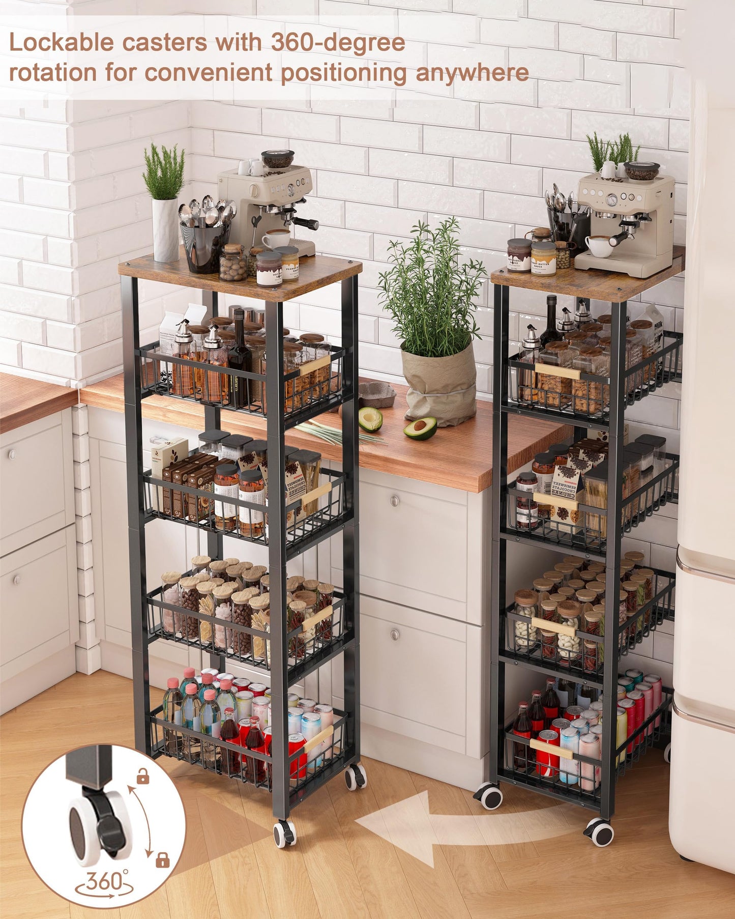 Ornestia 5-Tier Storage Cart,Metal Shelving Units Storage Slide Out,Kitchen Tall Storage Trolley with Wheels Wooden Top(40cm*30cm*107cm -Black)
