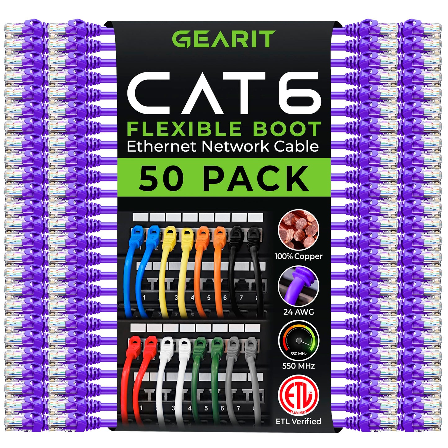 GEARit 50-Pack Cat6 Patch Cable 1 Foot Cat 6 Ethernet Cable Snagless Flexible Soft Tab - Premium Series - Purple