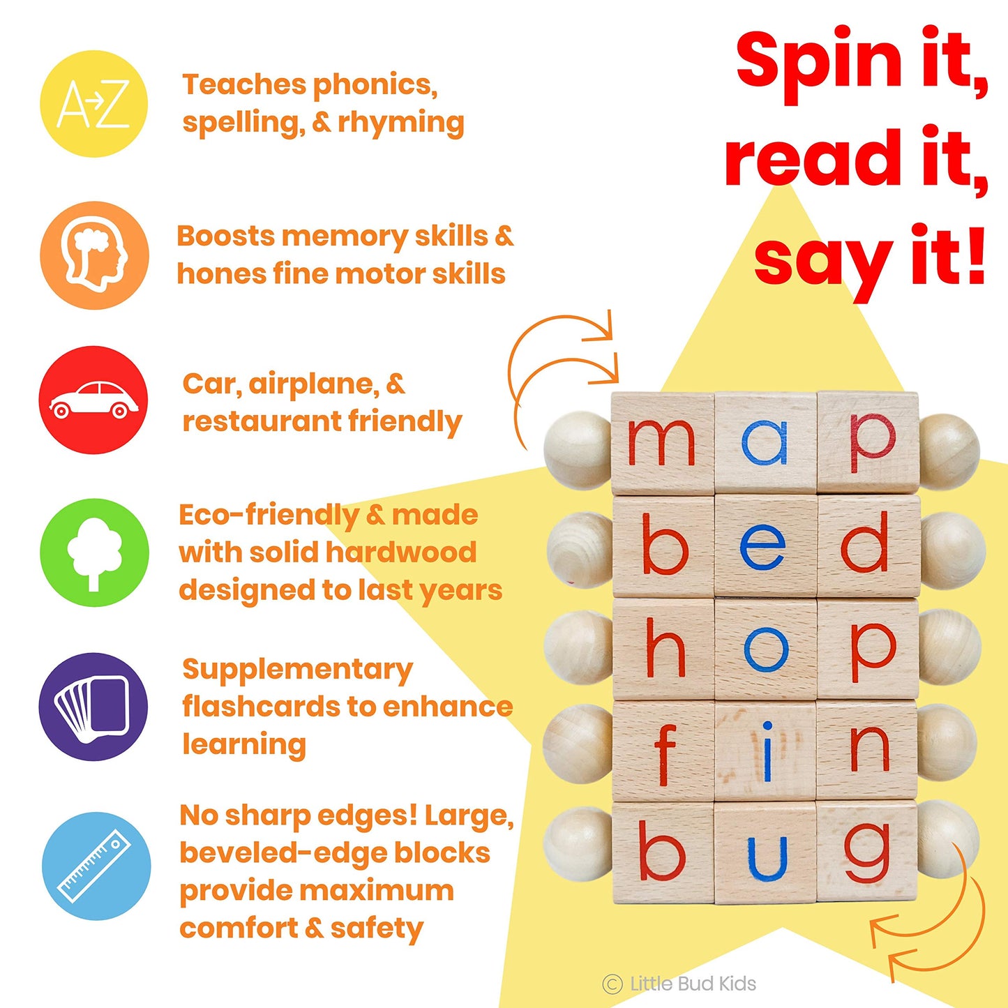 Little Bud Kids Spin-and-Read Phonics Toy, Rotating Wooden Reading Blocks with CVC Flash Cards, A Montessori Reading Learning Resources Toy for 3-5 Years Old