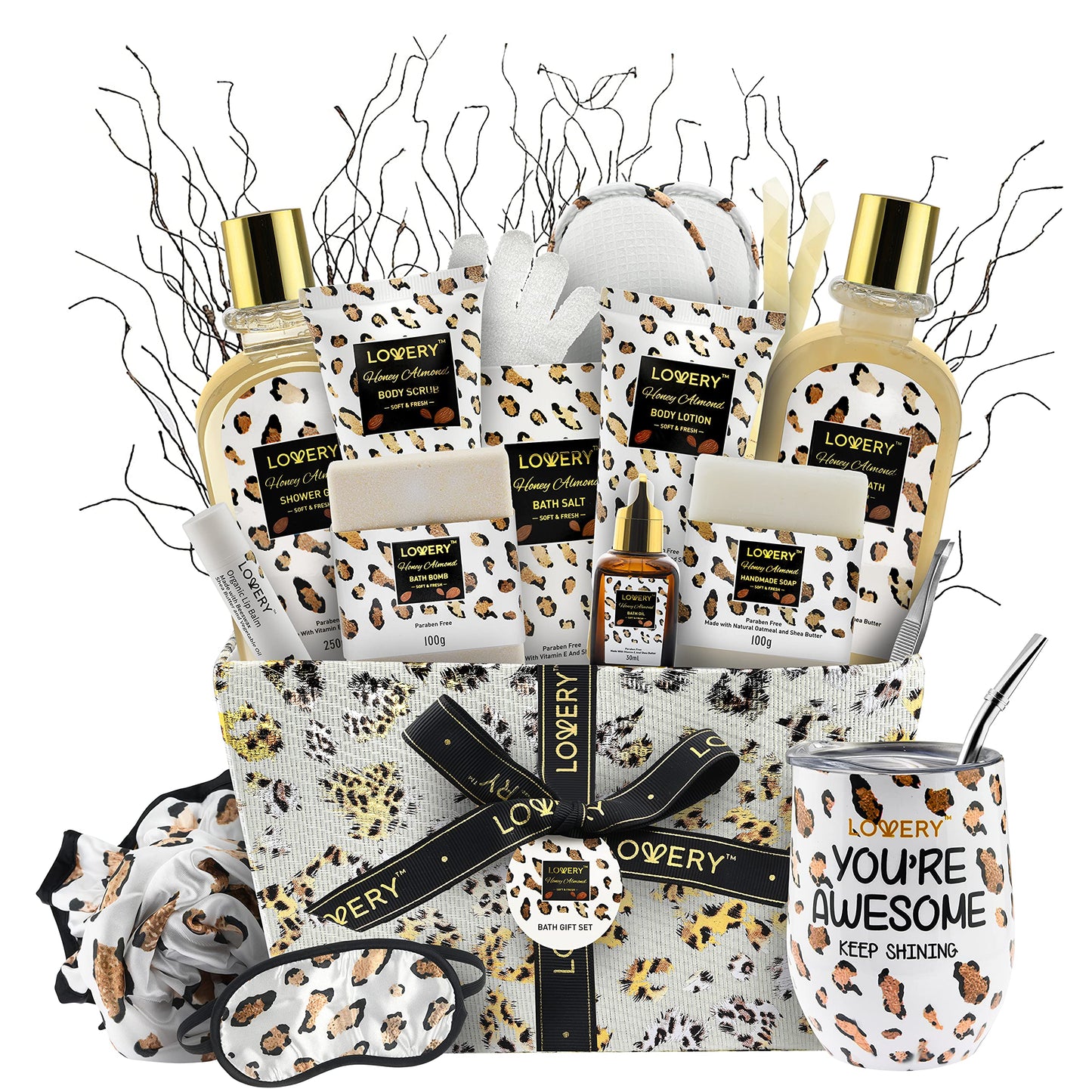 Home Spa Kit in Almond Scent - Bath Gift Basket with Vit E-Rich Bath Essentials - Tumbler, Ear Candles, Bath Oil, Salts, Shower Steamer, Organic Lip Balm & More in a Leopard Basket, 21Pcs