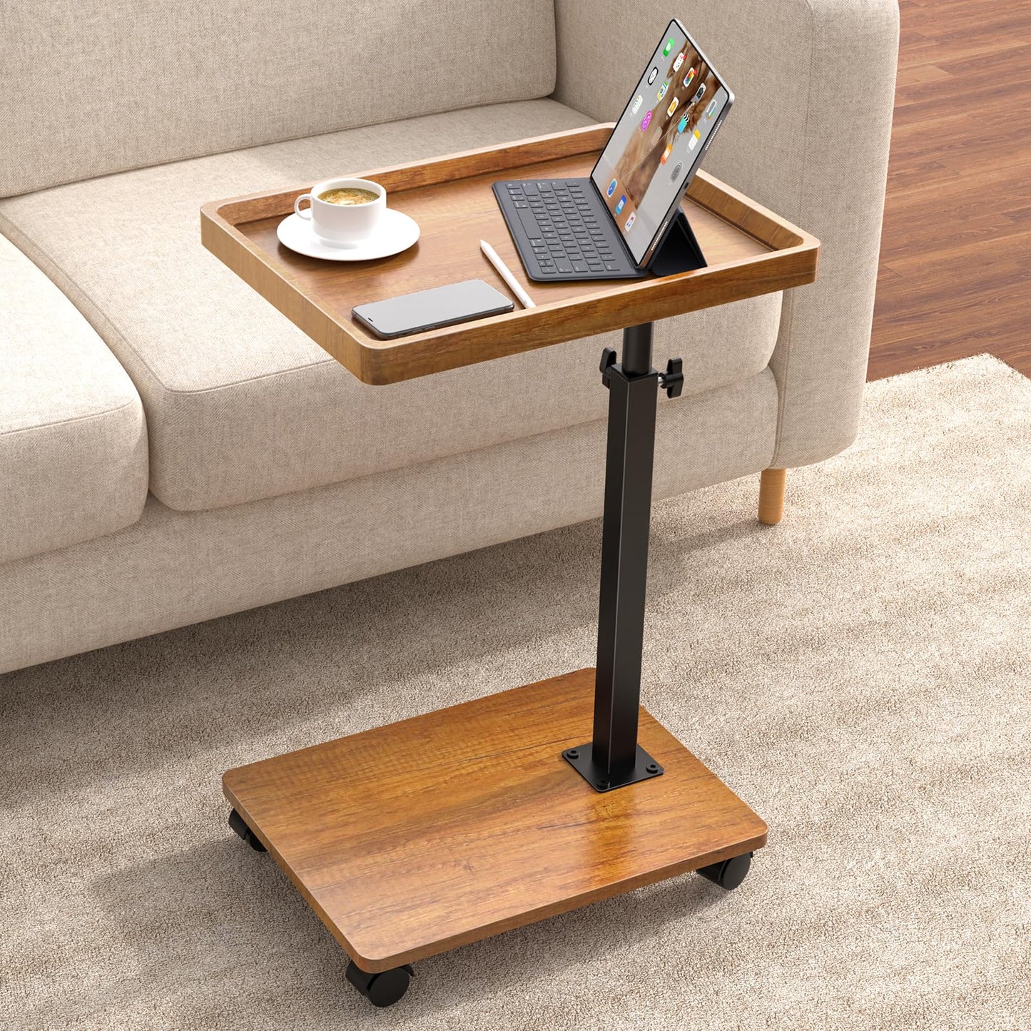 C Shaped End Table Adjustable Height, 360°Swivel TV Tray Table for Small Spaces, Rolling Couch Side Tables for Living Room, Bedroom, Bedside, Chair, Sofa, Snack