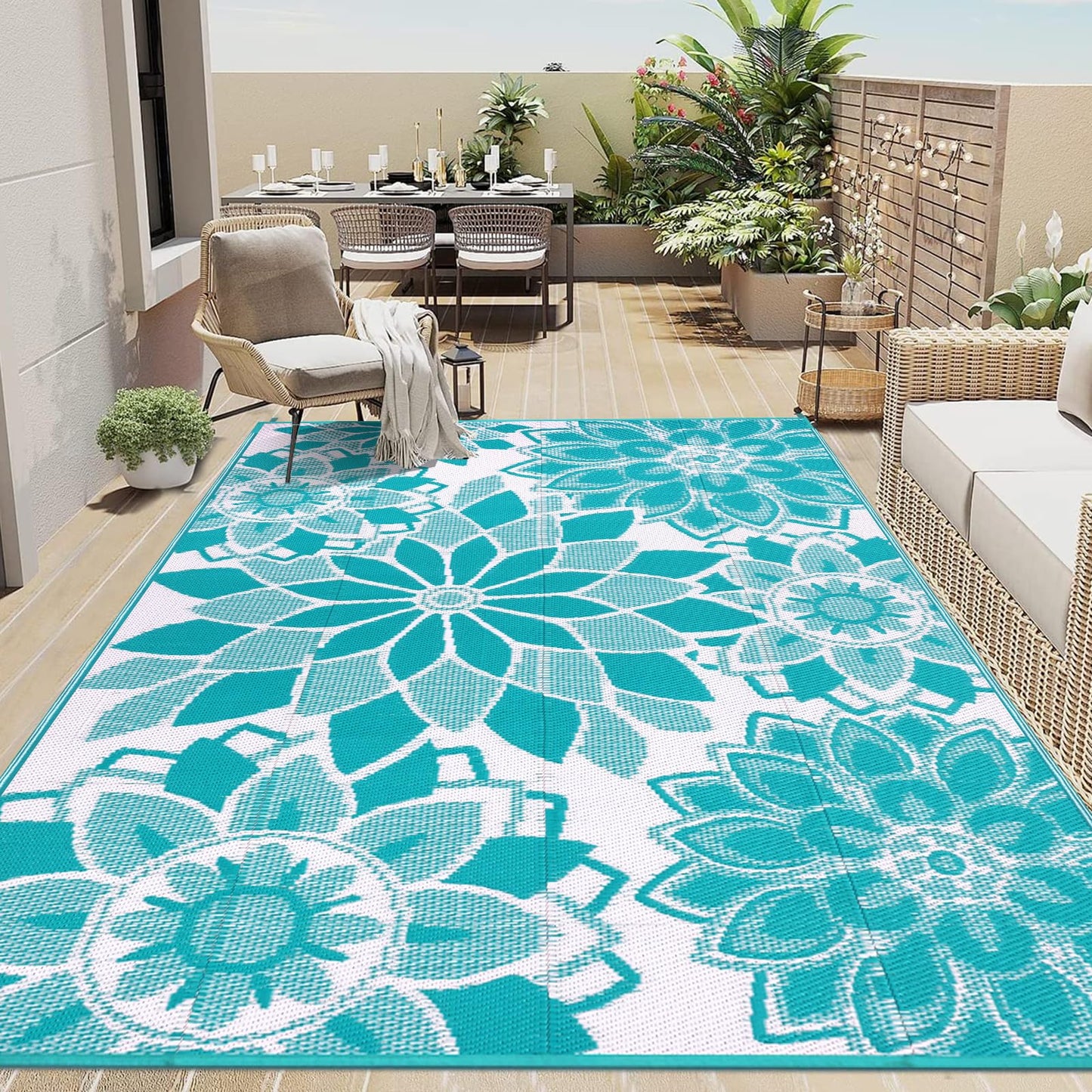 LOKHOM Outdoor Rug for Patio 5x8 ft Reversible Plastic Straw Patio Camping Rug, Floral Waterproof RV Mat for Camper Indoor Outdoor Carpet for Deck Porch Picnic Beach Balcony Backyard, Teal & White