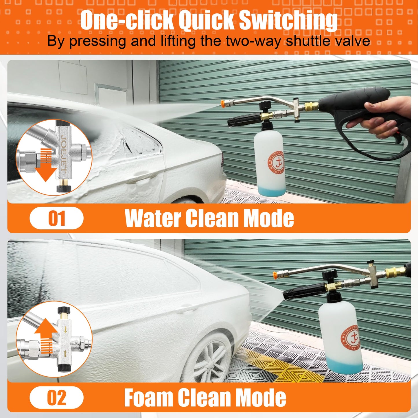 JOEJET Short Pressure Washer Gun with Foam Cannon Dual Connector Accessory, Car Wash Foam Gun with 1/4 Inch Quick Connector, 5 Pressure Washer Nozzle Tips, 1 Liter