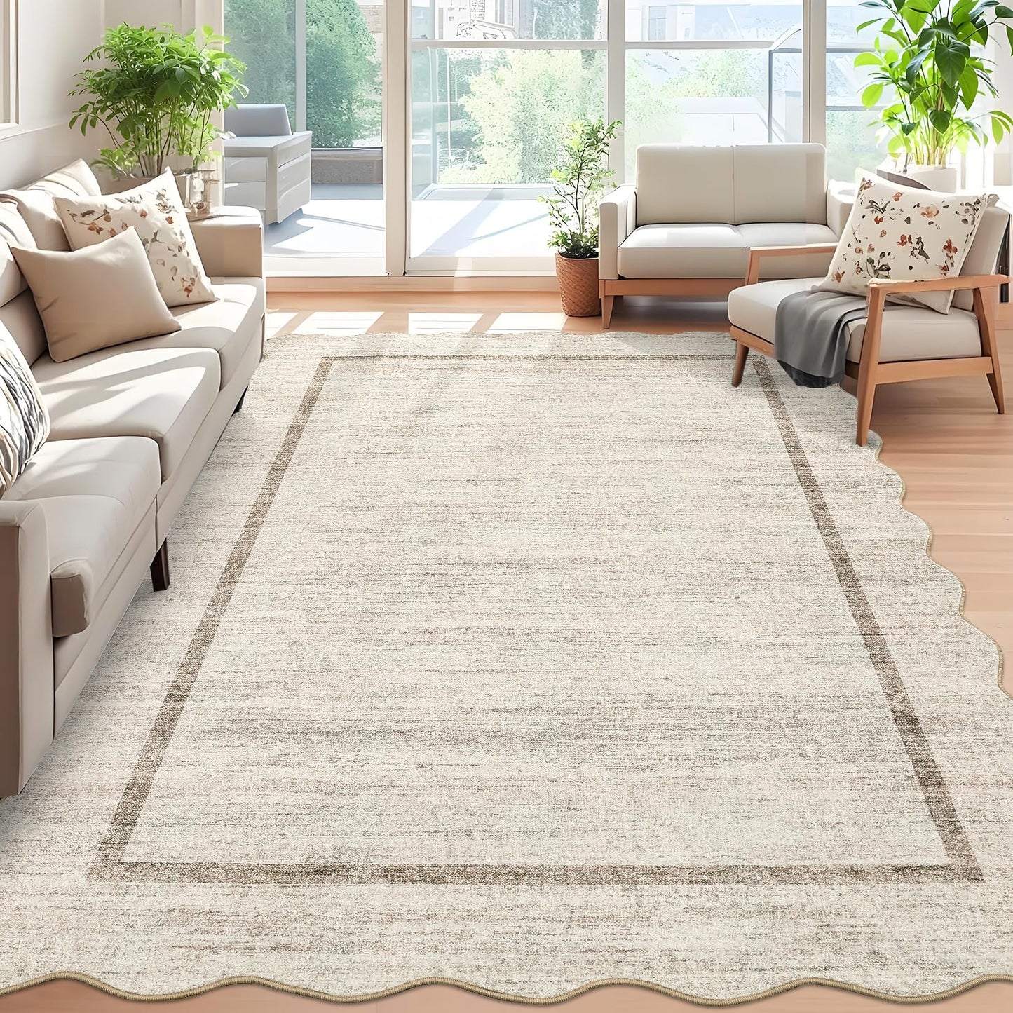 GarveeHome Scalloped Washable Rugs 5x7 Rug for Living Room Modern Non Slip Large Area Rug for Bedroom Decor Farmhouse Low Pile Stain Resistant Carpet for Office Dining Room Classroom 5 ft x7 ft Beige