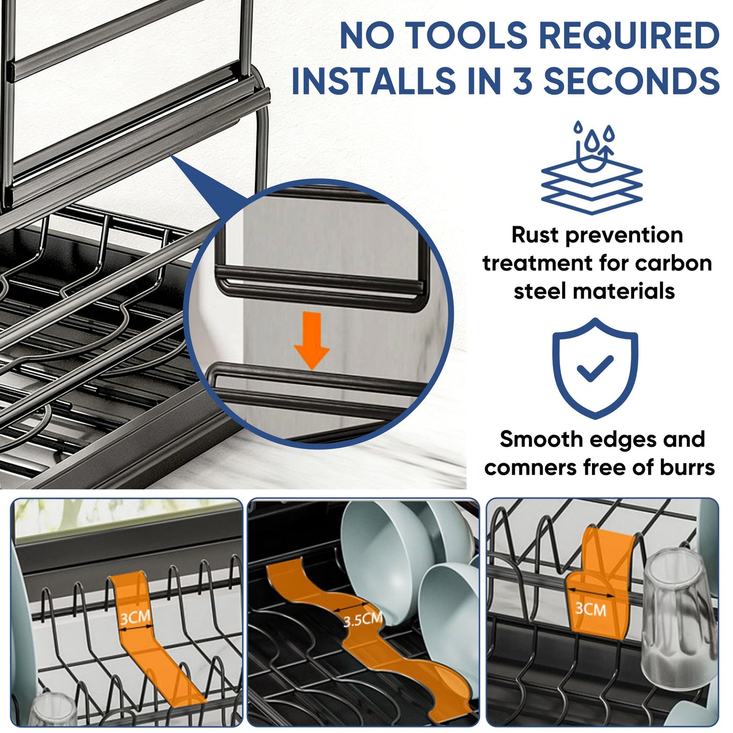 Veinvify 2 Tier Dish Drying Rack Carbon Steel Screw Free with Drainage Board Kitchen Counter Plate Bowl Utensil Holder Space Saving Black