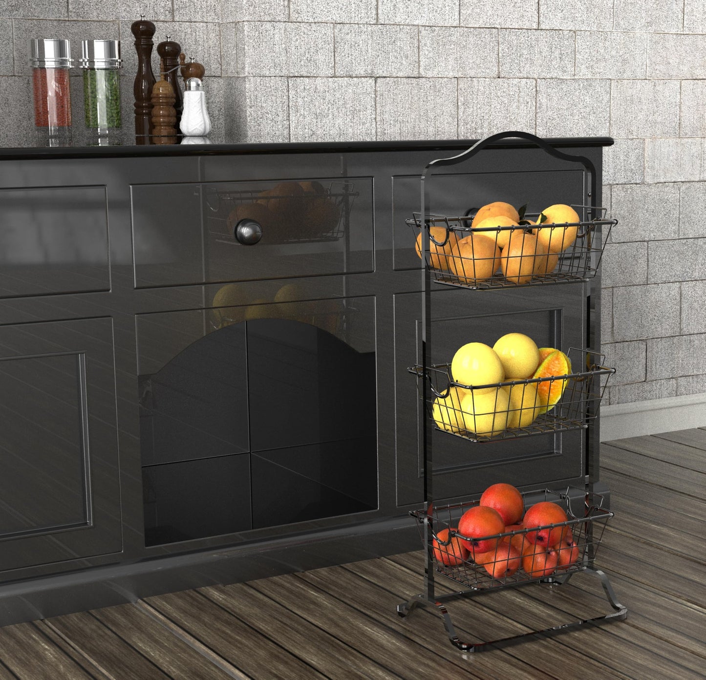 Simple Houseware 3-Tier Rigid Wire Market Fruit Basket Stand Organizer Shelf, Large 45x34x125cm, Black