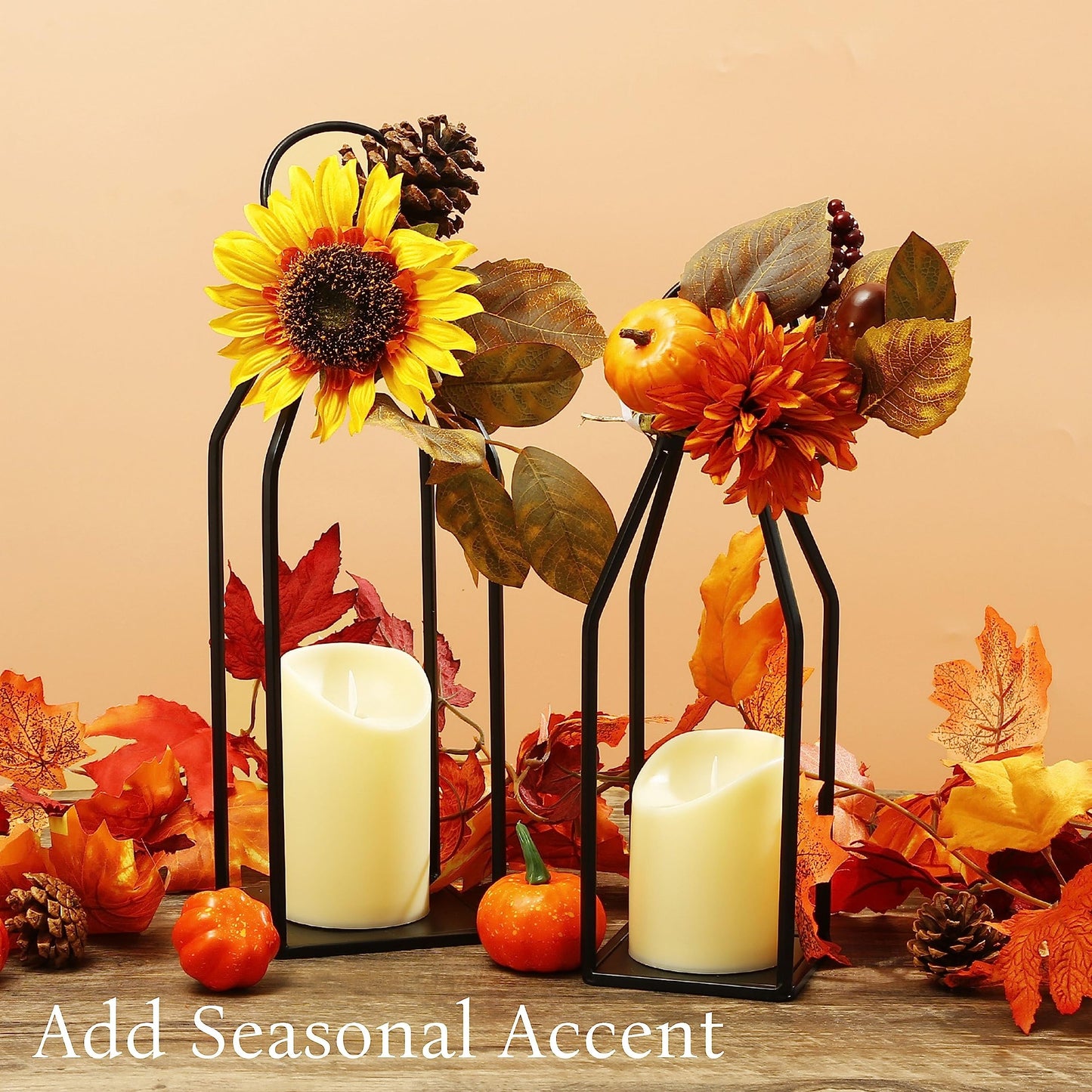 Perfnique Modern Farmhouse Lantern Decor, Set of 2 Black Metal Lanterns, 2 LED 6hr Timer Flickering Flameless Candles, Lanterns Decorative for Outdoor Decor, Home, Indoor, Patio (15inch & 13inch)