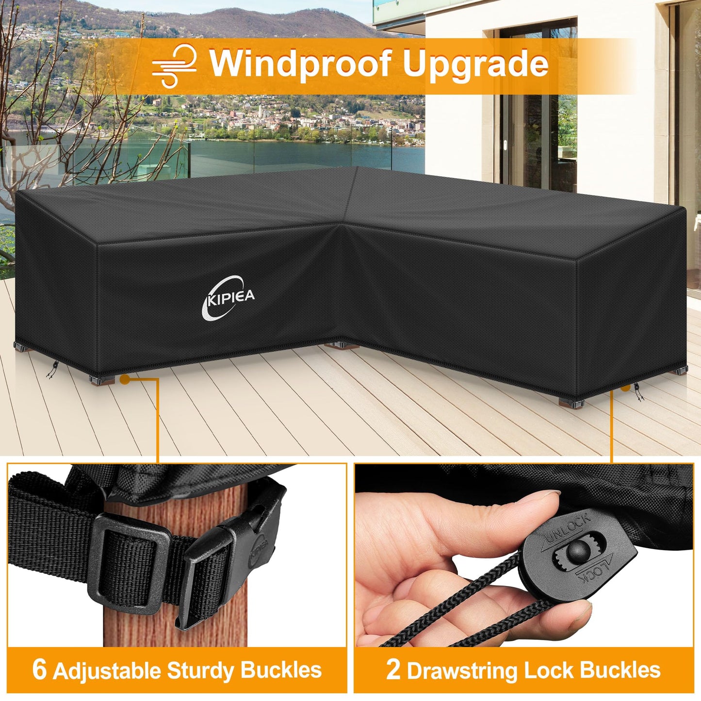 Kipiea 600D V-Shape Outdoor Patio Furniture Covers Waterproof, Outdoor Sectional Cover Windproof, Patio Sectional Sofa Cover Anti-UV, No Tears & No Fading (85"/85"L x 33.5"D x 31"H) Black