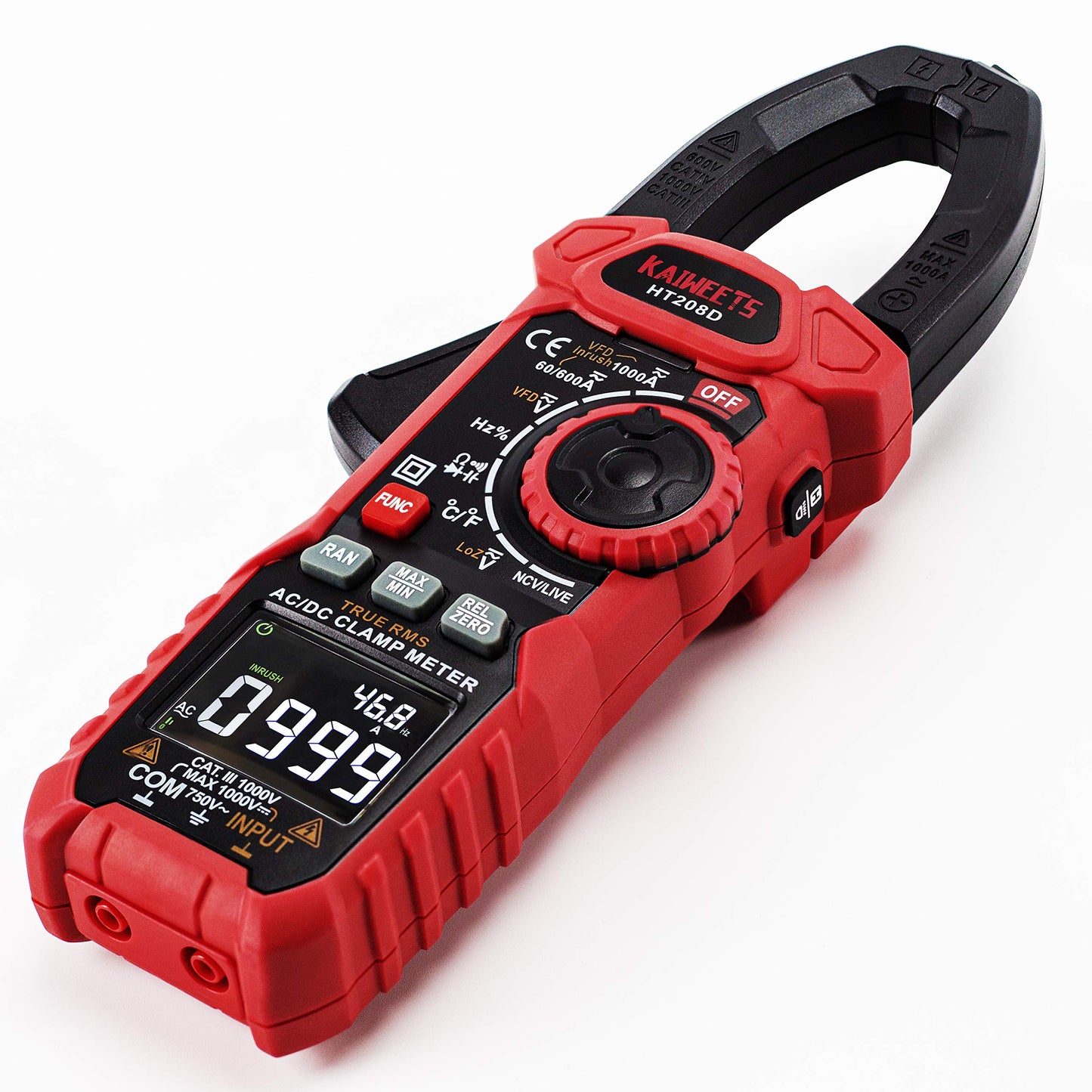 KAIWEETS Inrush Clamp Meter 1000A True RMS AC/DC Current Amp Meter, VFD, LOZ Mode, 6000 Counts, Measures Current Voltage Temperature Capacitance Resistance Diodes Continuity Duty-Cycle(HT208D)