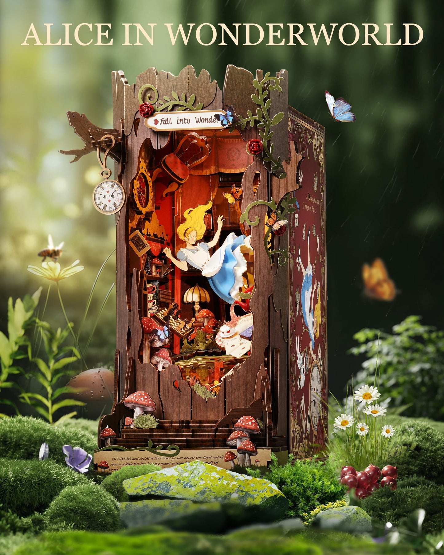 Rolife DIY Book Nook Kits Fall into Wonder, Fairy Tale Bookend Wooden 3D Puzzles for Bookshelf Decor, DIY Miniature House Building Kit for Adults, DIY Crafts/Surprised Gifts for Teens & Book Lovers