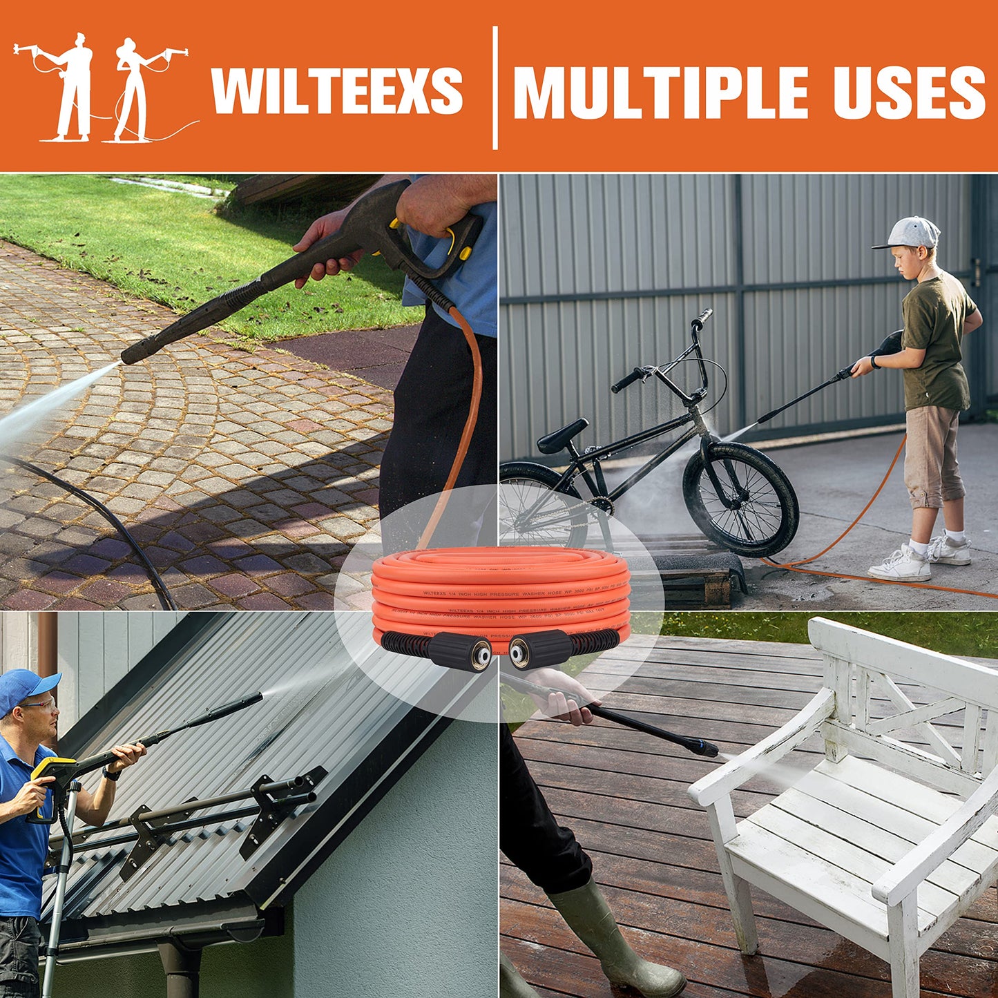 WILTEEXS Pressure Washer Hose 50FT X 1/4’’, Kink Resistant Power Washer Hose Kits with M22-14mm x 3/8" Quick Connect Extension Adapter Replacement for Universal Pressure Washer, 3600PSI