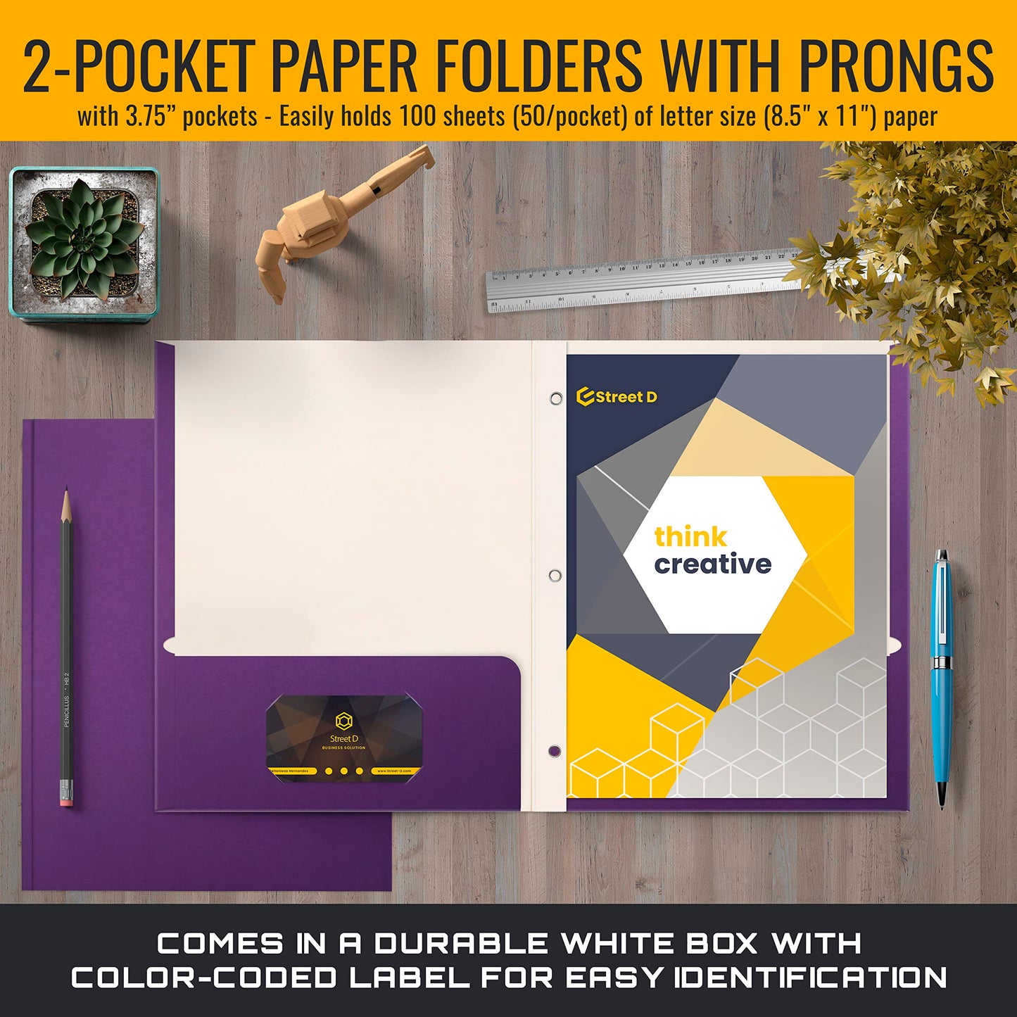 Better Office Products Purple Paper 2 Pocket Folders with Prongs, 50 Pack, Matte Texture, Letter Size Paper Folders, 50 Pack, with 3 Metal Prong Fastener Clips, Purple