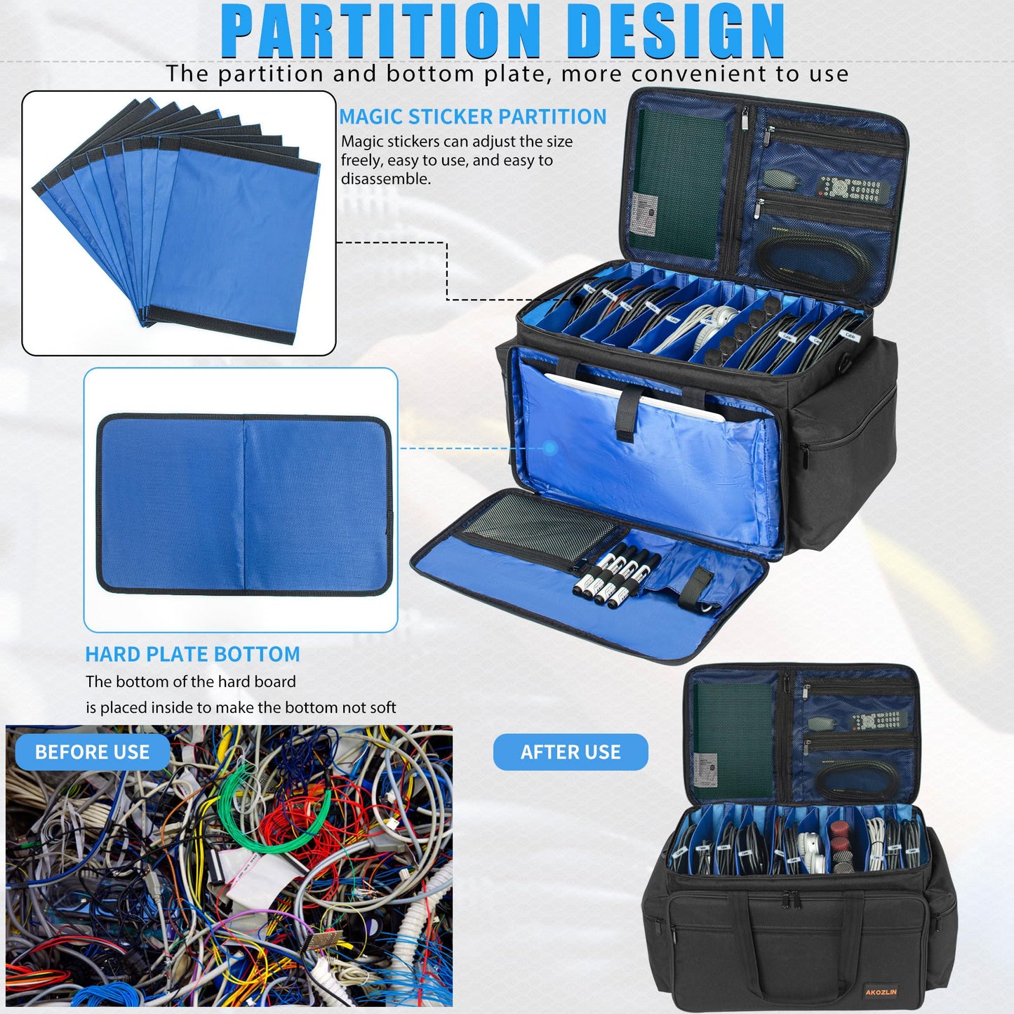 AKOZLIN DJ Cable File Bag with 10 Detachable Dividers and Bottom Cable Bags for Musicians Travel Gig Bag for 15.6" Laptop,Professional DJ Gear, Sound Instrument and Music Equipment Accessories,Large