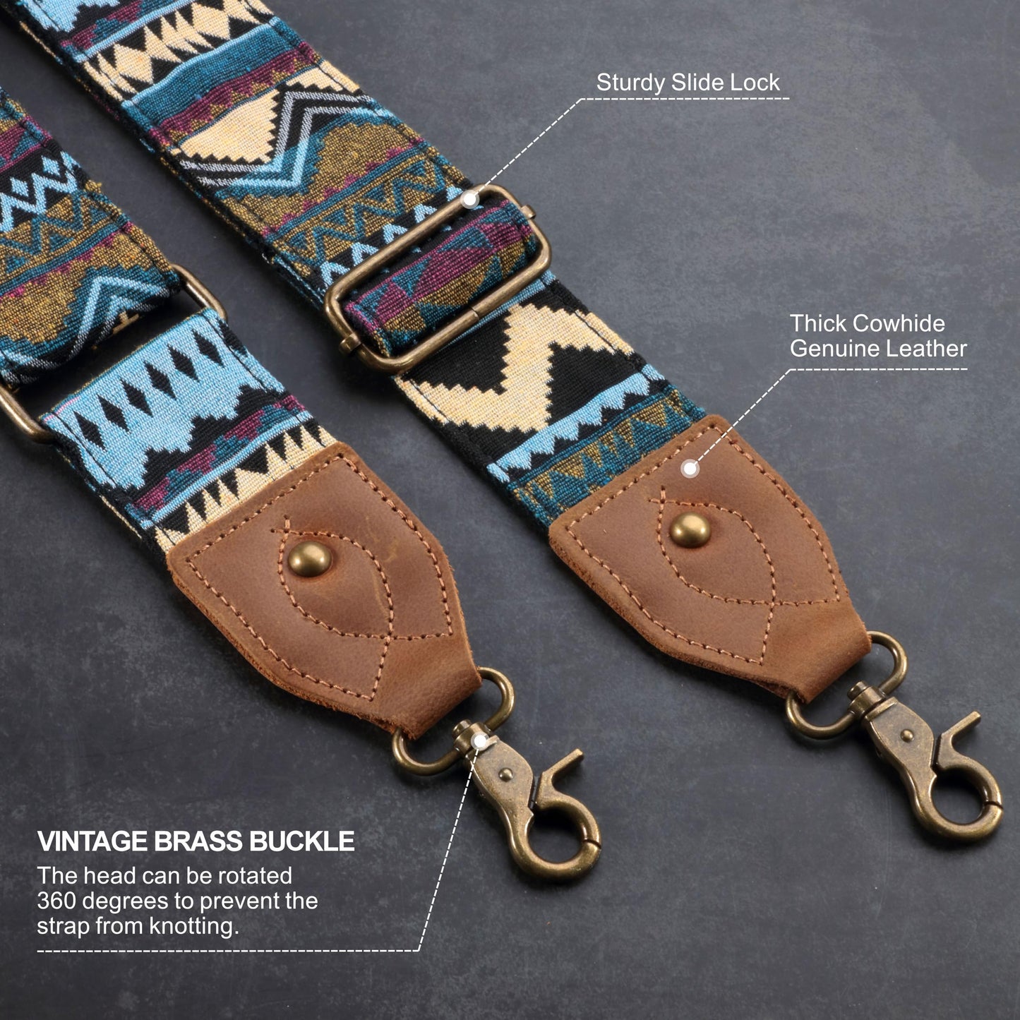 Nefelibata Banjo Strap, 2" Wide Double Crazy Horse Leather Jacquard Embroidery Strap Adjustable Replacement,Multi-pattern Strap With Metal Clips