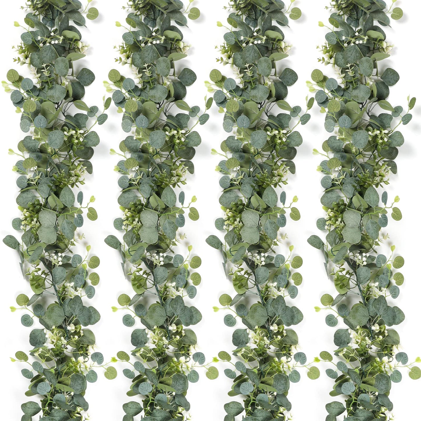 SOMYTING Artificial Eucalyptus Garland, 4 Packs 5.9Ft Faux Greenery Vines with White Babys Breath Flowers Gypsophila Fake Silver Dollar Eucalyptus Leaves Vines for Wedding Party Mantle Table Decor