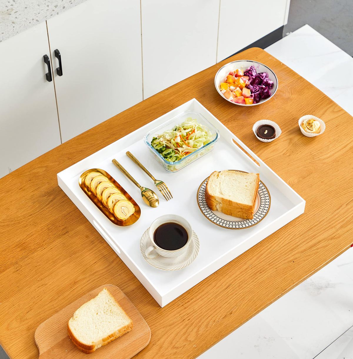 MUKEEN Clear Oversize Acrylic Serving Tray with Handles 20x20 Inch -Spill Proof- Decorative Trays Countertop Organiser for Ottoman,Nightstand, Sidetable, Butler… (20x20, White)