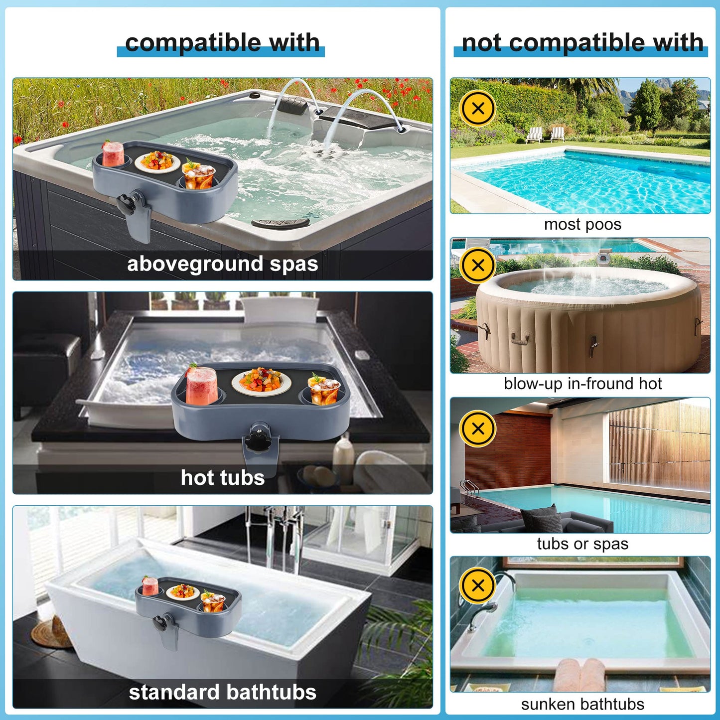 Hot Tub Tray, Adjustable Spa Table Tray with 2 Cup Holders, Spa with Wall Thickness of 2'' to 6.5'', Nonslip Heavy-Duty Shelf for Aboveground Bathtub, Spa Accessory