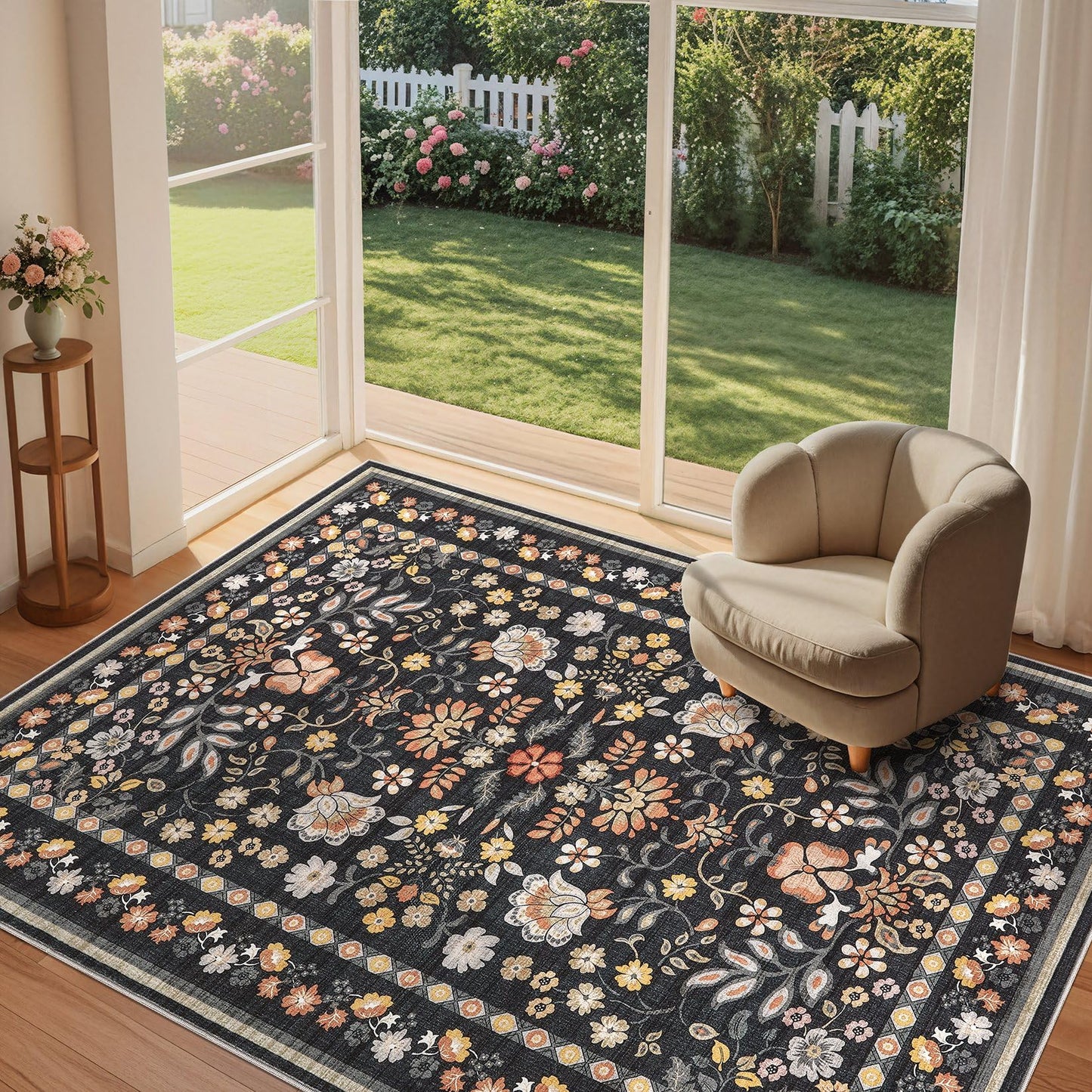 Uermei 5x7 Area Rug for Living Room: Washable Boho Floral Soft Non-Slip Low Pile Carpet for Bedroom Dining Room Kids Playroom Office Decor Indoor-Black Grey