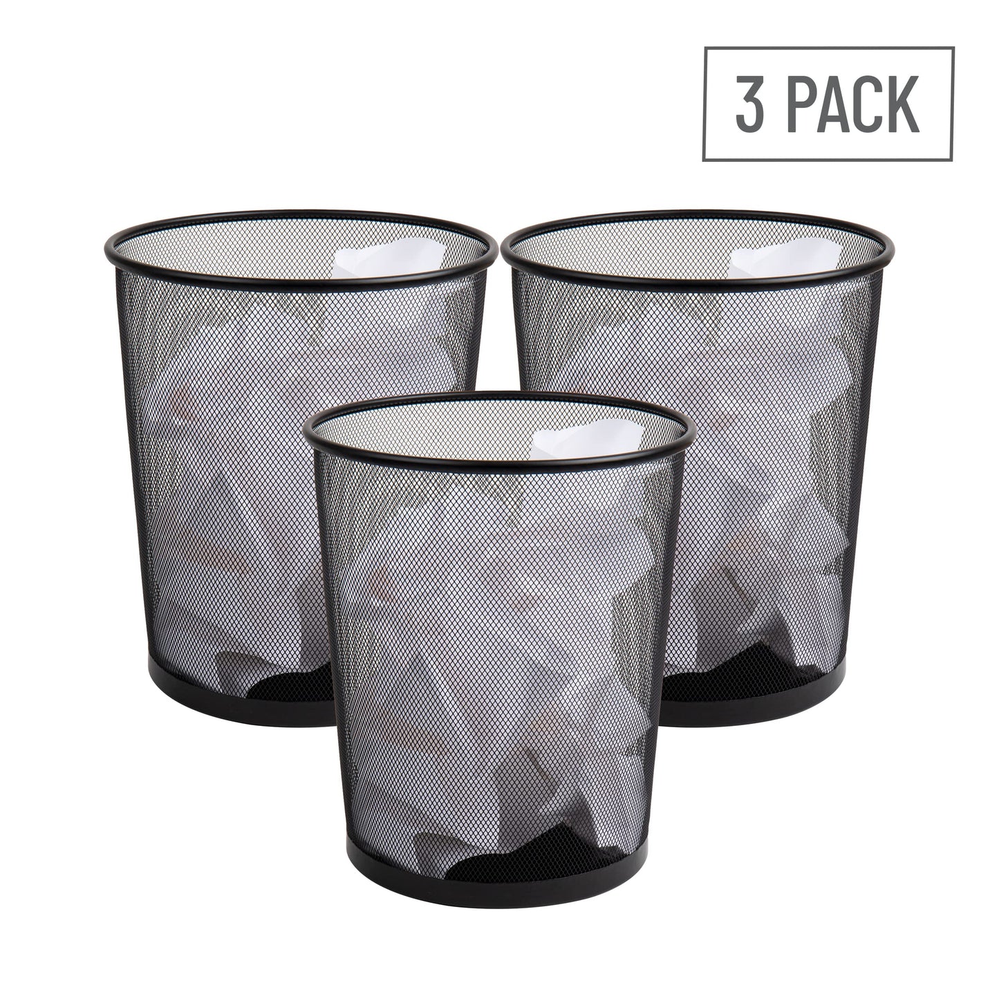 Mind Reader Mesh Trash Can, Set of 3, Waste Paper Basket, Round, Office, Metal Mesh, 11.5" L x 11.5" W x 13.75" H, Black