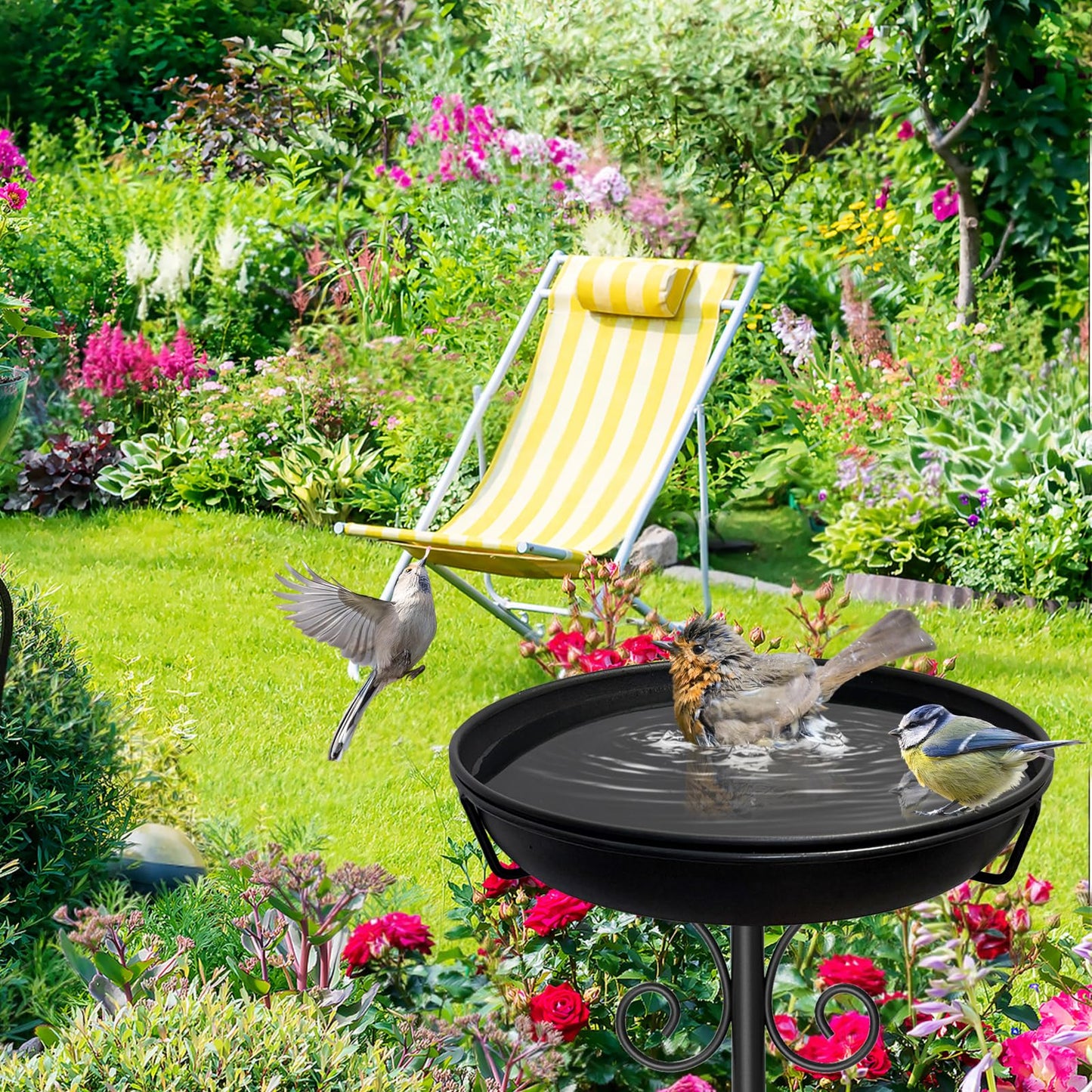 iCHKED 38In Freestanding Bird Bath for Outside, Detachable Birdbaths with Metal Stake, Bird Bath Feeder Bowl for Outdoors Garden Patio Yard Lawn,Sturdy Upgraded 5 Pronged Base (Black)