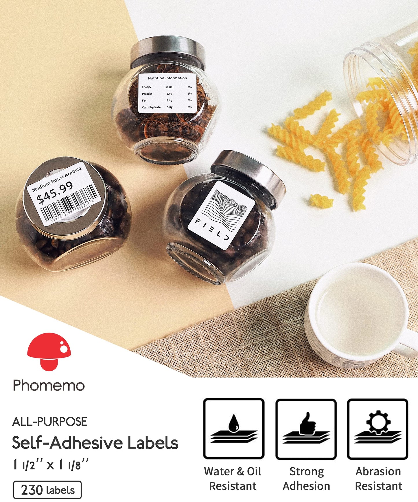 [6x230 pcs] Phomemo Labels Square Series, 1.57''x1.18'' (40x30mm) M110/ M220/ M221/ M120/ M200 Labels, White, 230 Labels/Roll, 6 Rolls, Multi-Purpose Adhesive Thermal Phomemo Original Labels