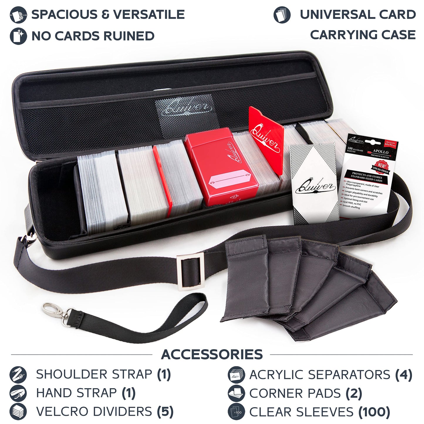 Quiver Time Black Quiver Card Carrying Case - TCG Cards Deck Box Holder for Trading Cards, MTG Bag Playing Card Case (Wrist & Shoulder Strap, Dividers, Separators, Corner Pads + 100 Apollo Sleeves)