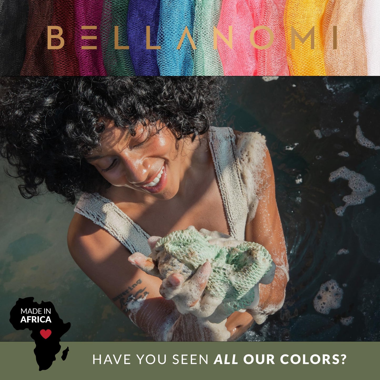 BELLANOMI 4 Piece African Exfoliating Net Sponge Long African Bath Sponge, Authentic Ethically Sourced from Nigeria, Great for Daily Use (Navy Blue, Baby Blue, Blush, Barbie Pink)