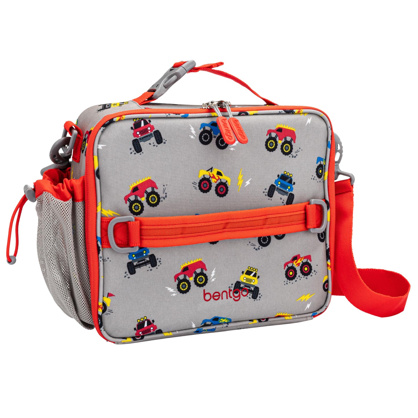 Bentgo Kids Lunch Bag - Double-Insulated, Reusable Lunch Bag for Kids 3+ with Adjustable Strap; Holds Lunch Box/Water Bottle/Snacks; Easy-Clean, Water-Resistant & Pockets (Trucks)