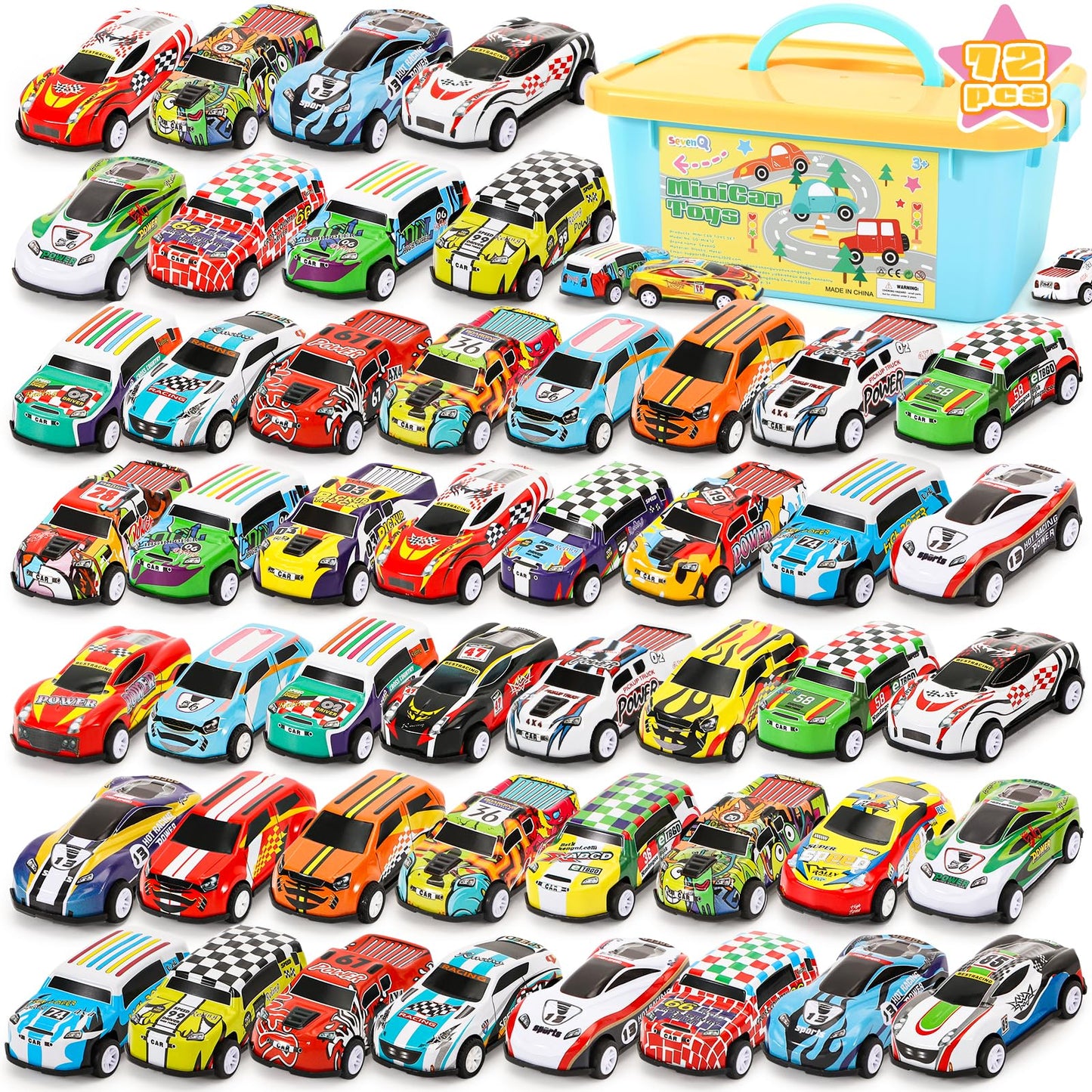 SevenQ Toy Cars Party Favors for Kids, 72Pcs Pull Back Cars Playsets with Storage Box, Mini Toys Race Cars for Boys Girls Toddler Bulk Toy, Goodie Bags Stuffers Carnival Prizes Rewards Fidget Toys