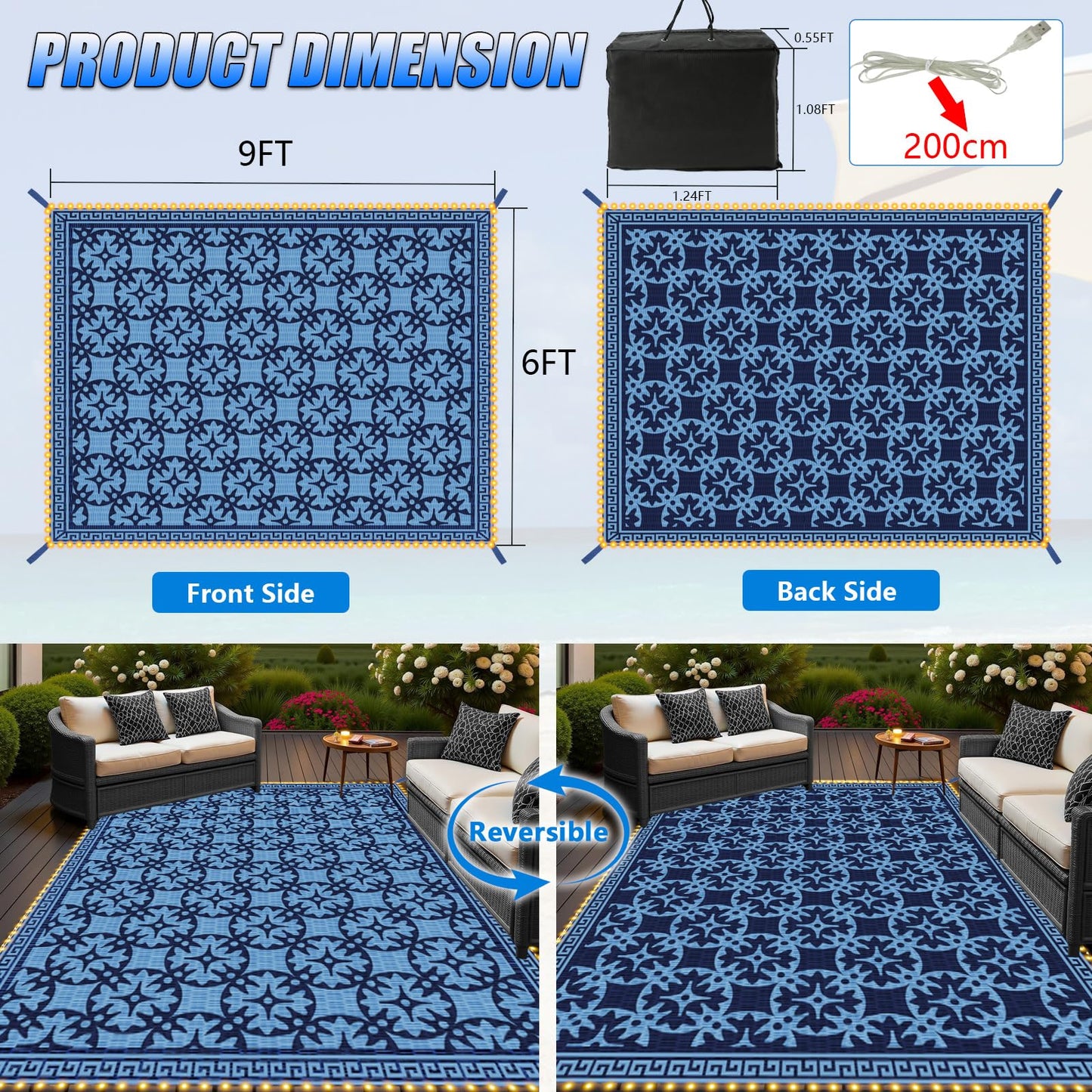 TIPHOPE 9X6 FT RV Outdoor Rugs with Led Light Strips,Foldable Camping Mat with Carry Bag Waterproof Reversible Mat RV Patio Mat Lightweight Large Floor Rug for RV Camping Picnic Patio-2 Year Warranty