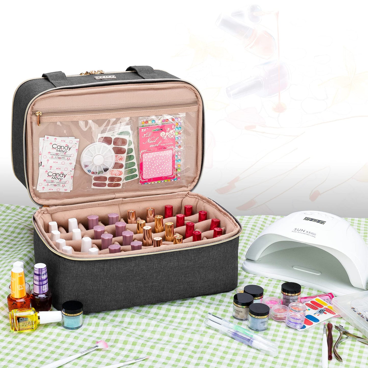 BAFASO Nail Polish Organizer Holds 40 Bottles (15ml - 0.5 fl.oz) and a UV Nail Lamp, Double Layers Nail Polish Case with Manicure Tools Storage Sections (Bag Only), Black, Patented