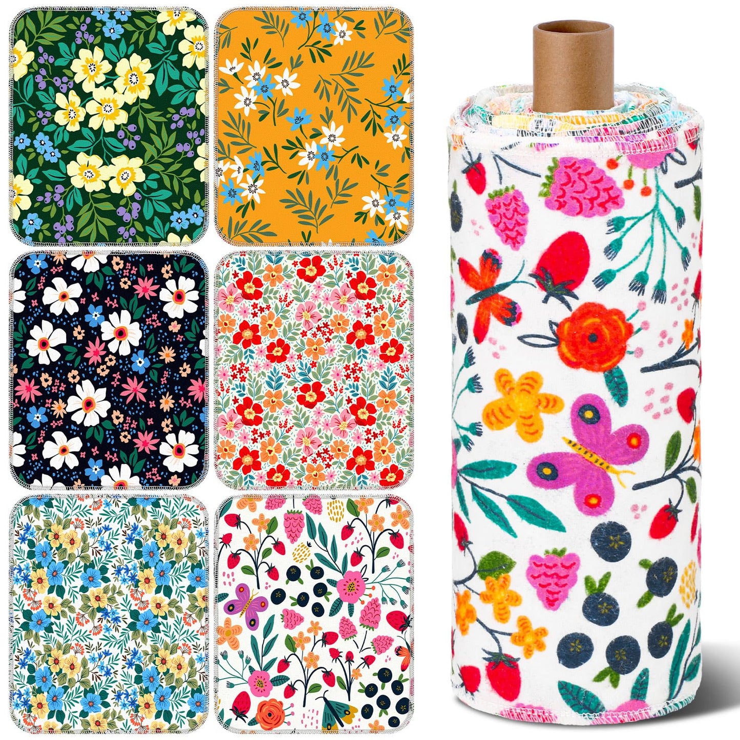 Redbaker 30 Pcs Reusable Paper Towels Rolls Kitchen Towels Bulk Washable Paperless Cloth Cotton Hand Napkins with Cardboard Reusable Napkins for Kitchen Bathroom(Floral,10 x 12 in)