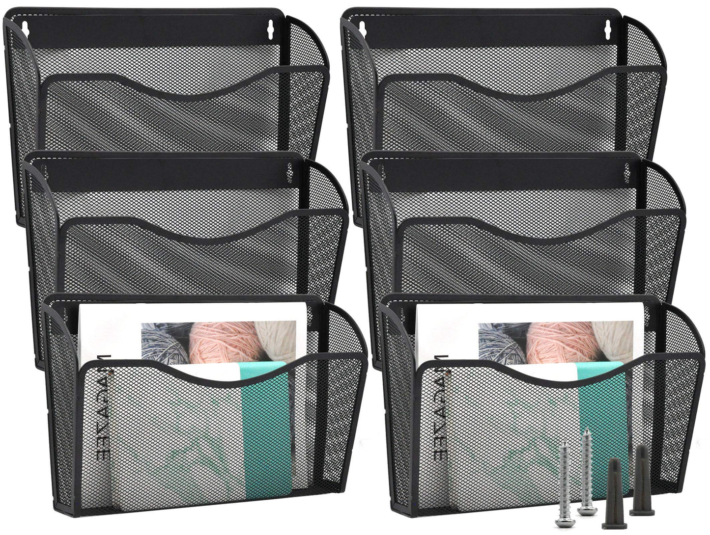 EASEPRES 6 Pack Mesh Wall Mounted File Holder Organizer Metal Hanging Vertical Paper Mails Rack Storage Wire Document Filling Holder Pocket for Office and Home, Black