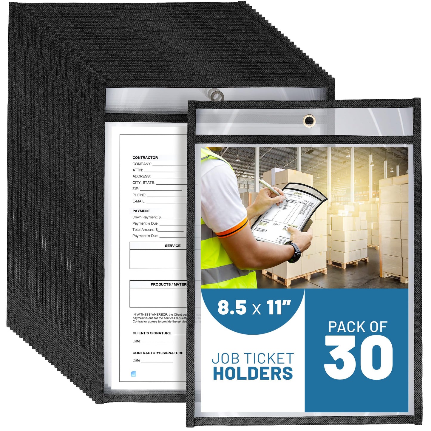 30 Pack Job Ticket Holders 8.5x11 - Work Order Plastic Sleeves for Documents - 8 1/2 x 11 Shop Ticket Holders - Dry Erase Pocket Sleeves - Dry Erase Pockets - Dry Erase Sleeves - Clear Pocket Sleeves