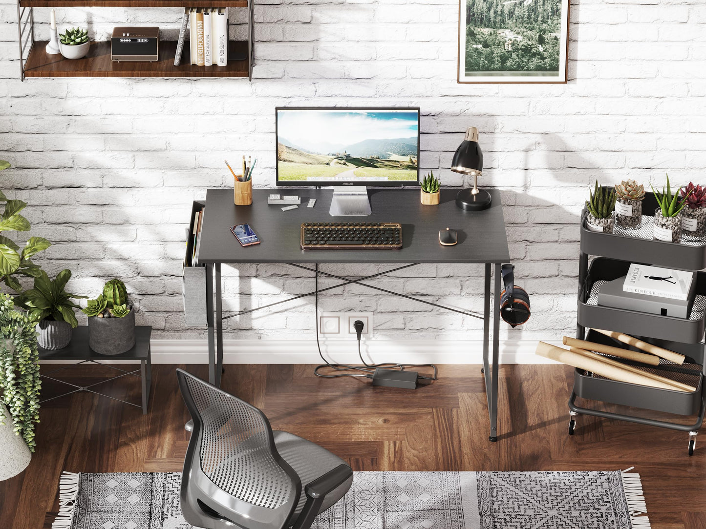COTUBLR 39 Inch Computer Desk, Home Office Desk, Simple Modern Small Desk for Bedroom, Writing Desk with Storage Bag, Study Table for Students, Black
