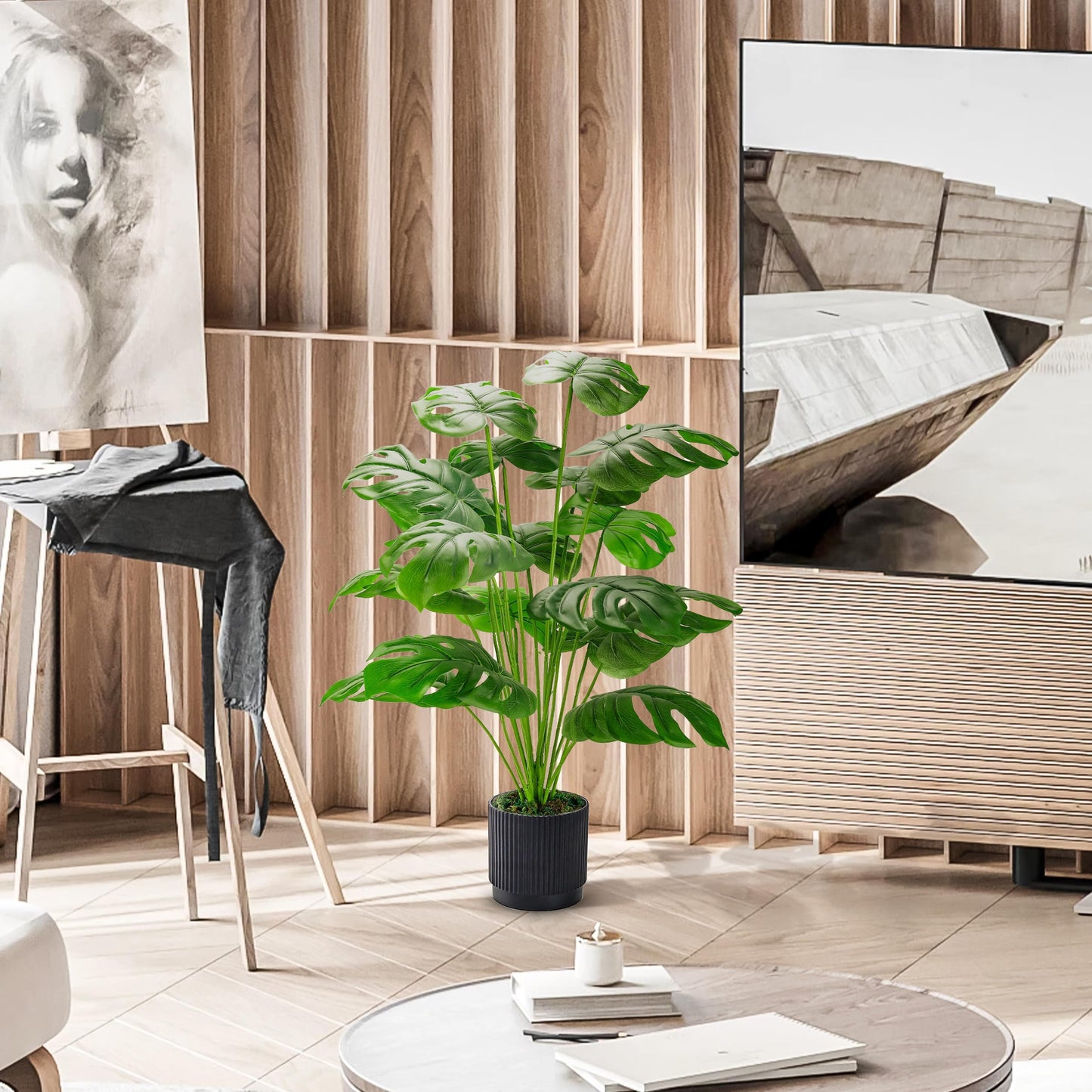 Der Rose 28" Black Pot Fake Monstera Plants, Large Artificial Potted Plants for Indoor & Outdoor Floor Front Porch Modern Decor