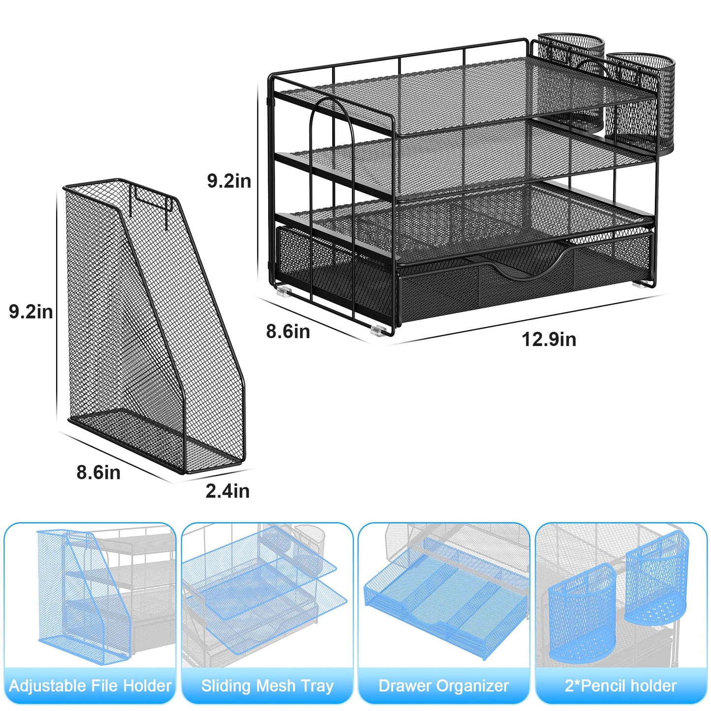 Desk Organizer with File Holder, 4-Tier Paper Tray with Drawer and 2 Pen Holders, Mesh Office Desk Accessories with Magazine File Holder, Desk Tidy for Office Supplies (Black)