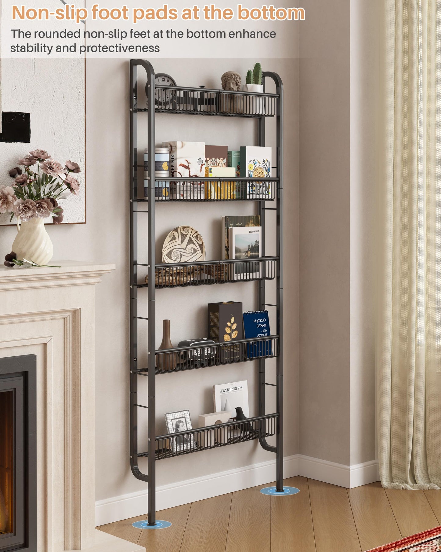 UMDONX Narrow Metal Storage Shelf Behind Door Organizer 5 Tier, Bookshelf Bookcase Book Rack Bathroom Shelving Unit Multifunctional (Black 62x9x160cm)