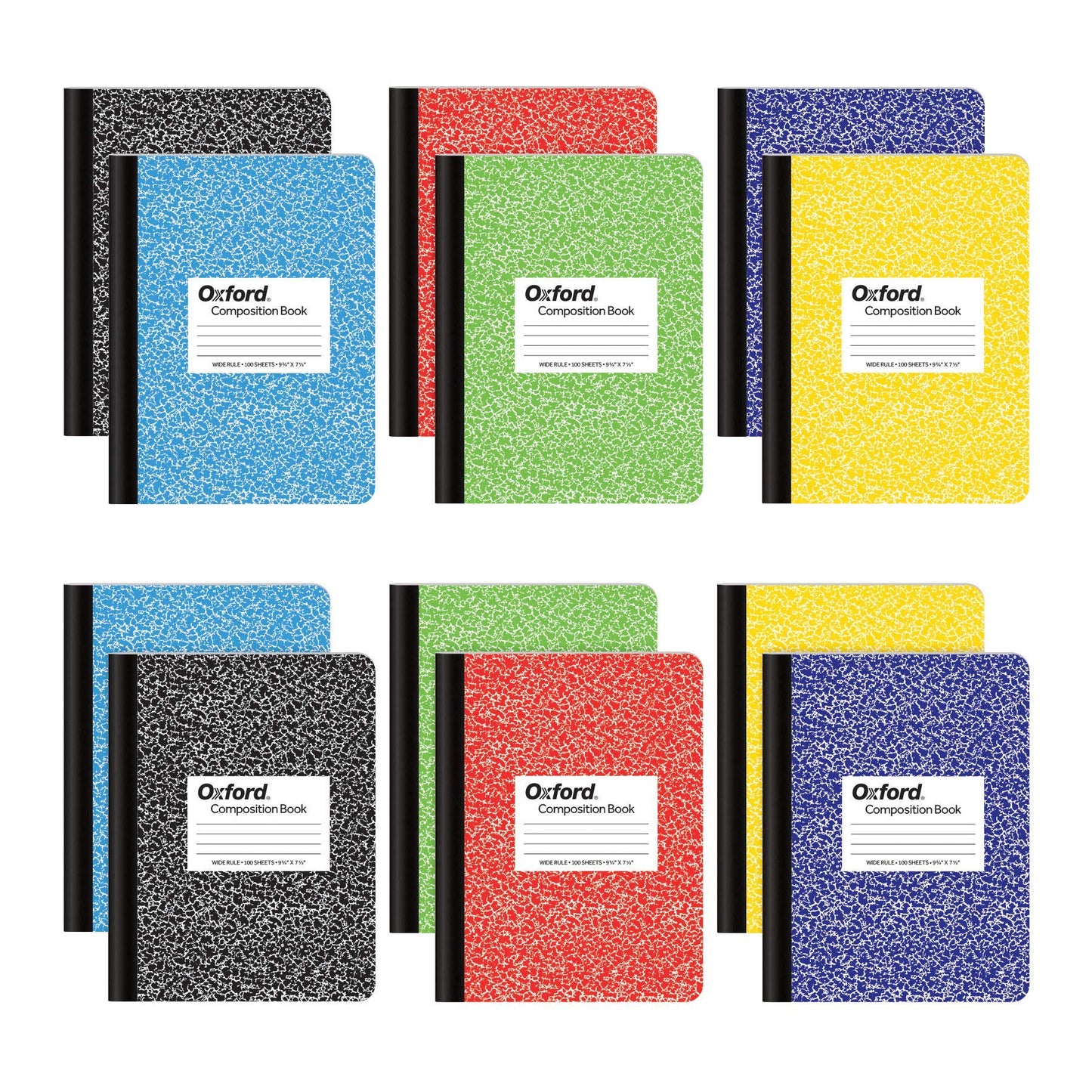 Tops Notebooks, Marble Composition Book, 7.5 x 9.75 Inches, Wide Ruled, 100 Sheets, Hard Cover, Assorted Colours, 12-Pack, School or Office Journals
