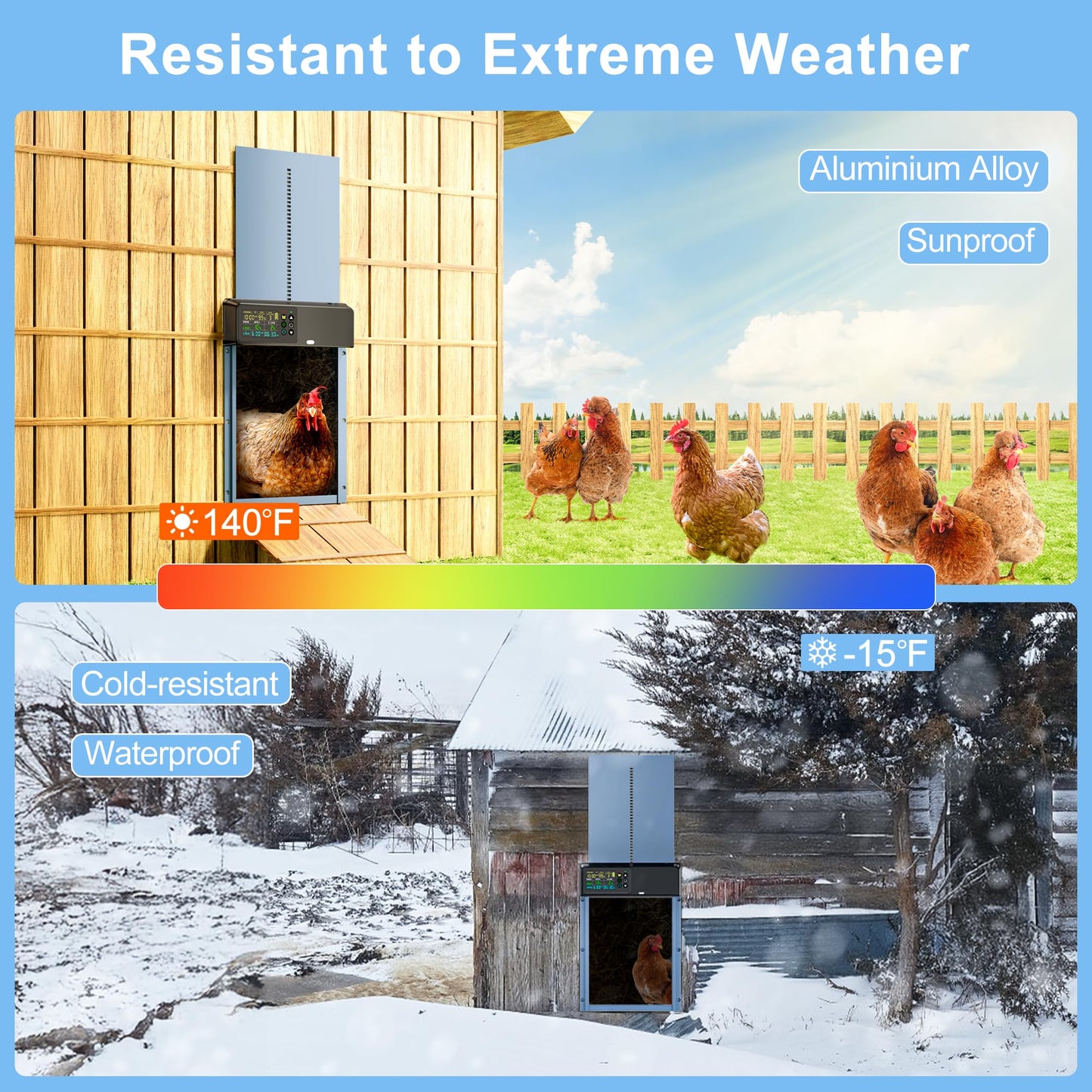 Tiflev Automatic Chicken Coop Door Solar Powered with Programmable Remote, 4 Modes Combo Light and Timer Aluminum Chicken Door with LCD Color Display
