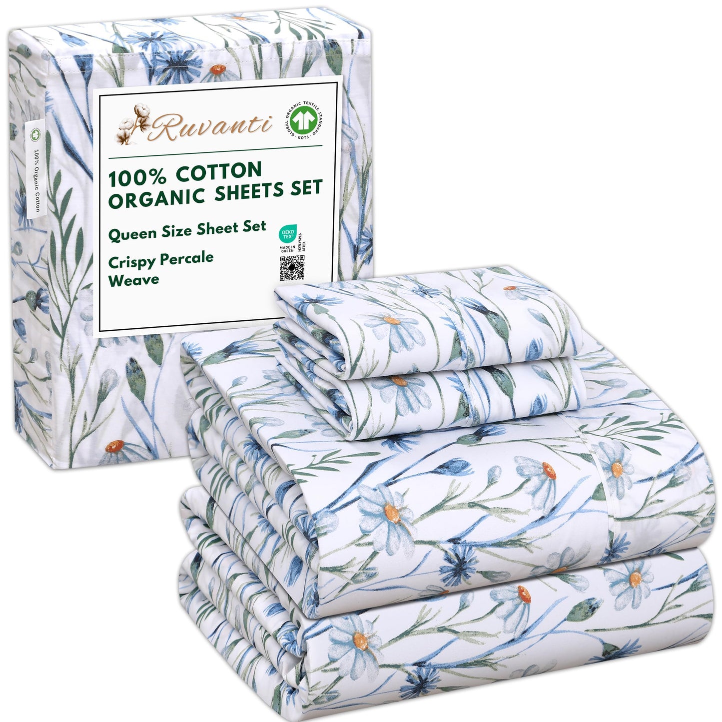 RUVANTI 100% Organic Cotton Sheets - Queen Sheet Set - 4 Piece Percale Weave Bedding, Crisp, Cooling & Breathable, Soft & Durable, 16" Deep Pocket, Hotel Quality Sábanas - Daisy Bud