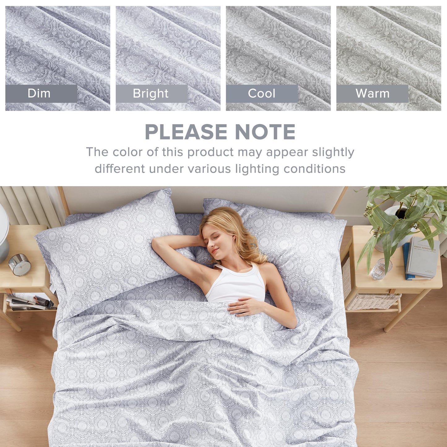 Comfort Spaces 100% Cotton Sheets Queen, Breathable, Naturally Cool Cotton Sheets, Soft Cotton Bed Sheets with 14" Elastic Pocket Fits up to 16" Mattress, All Seasons Sheet Set, Adelia Gray 4 Piece