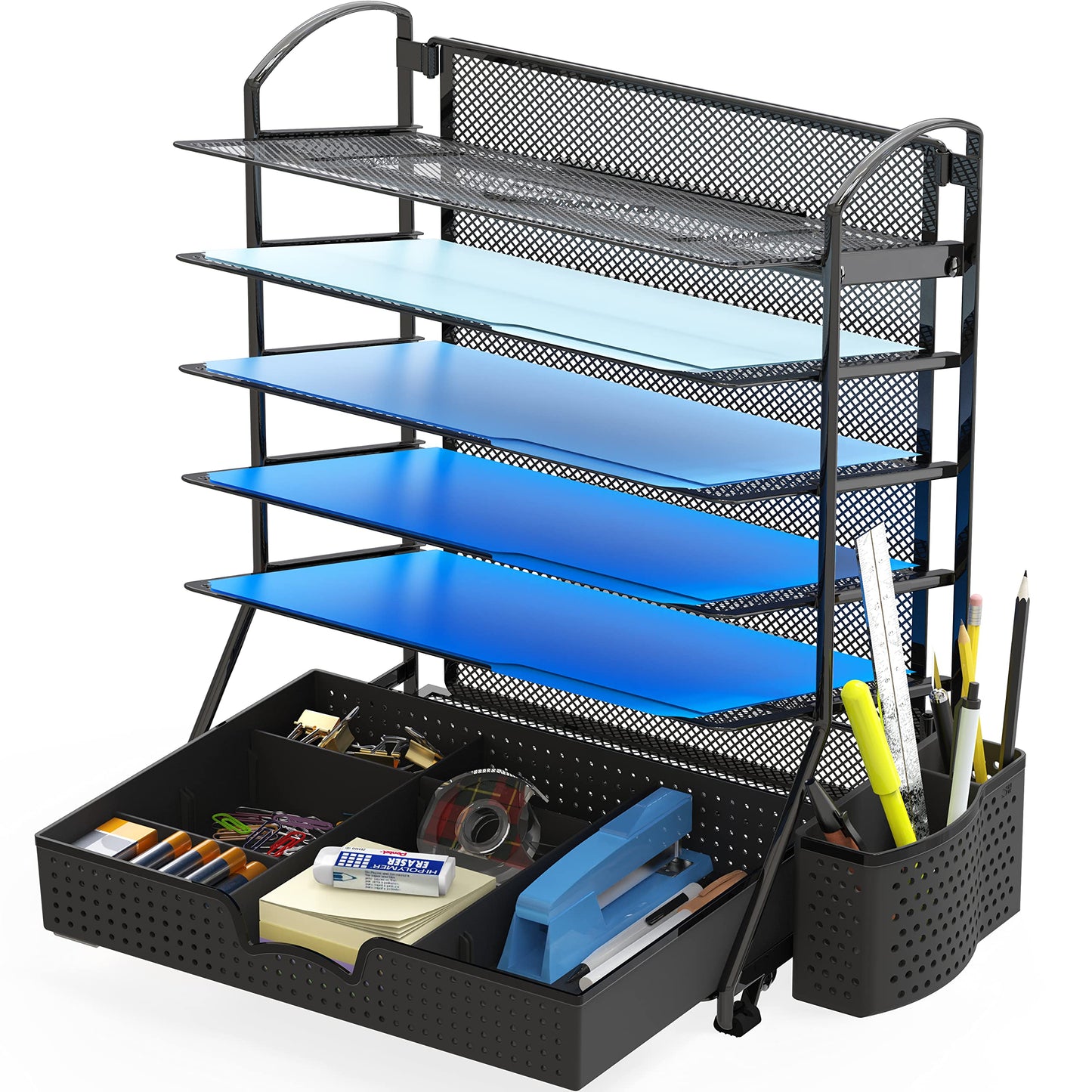Simple Houseware 6 Trays Desk Document File Tray Organizer with Sliding Drawer, Black