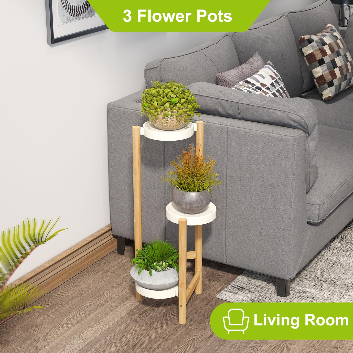 BMOSU Plant Stand Bamboo 3 Potted Holder Shelf Plant Rack For Indoor Outdoor Plants Corner Plant Shelf Flower Stands Plant Shelf Potted Plant Display Rack For Living Room Balcony Bedroom (White)