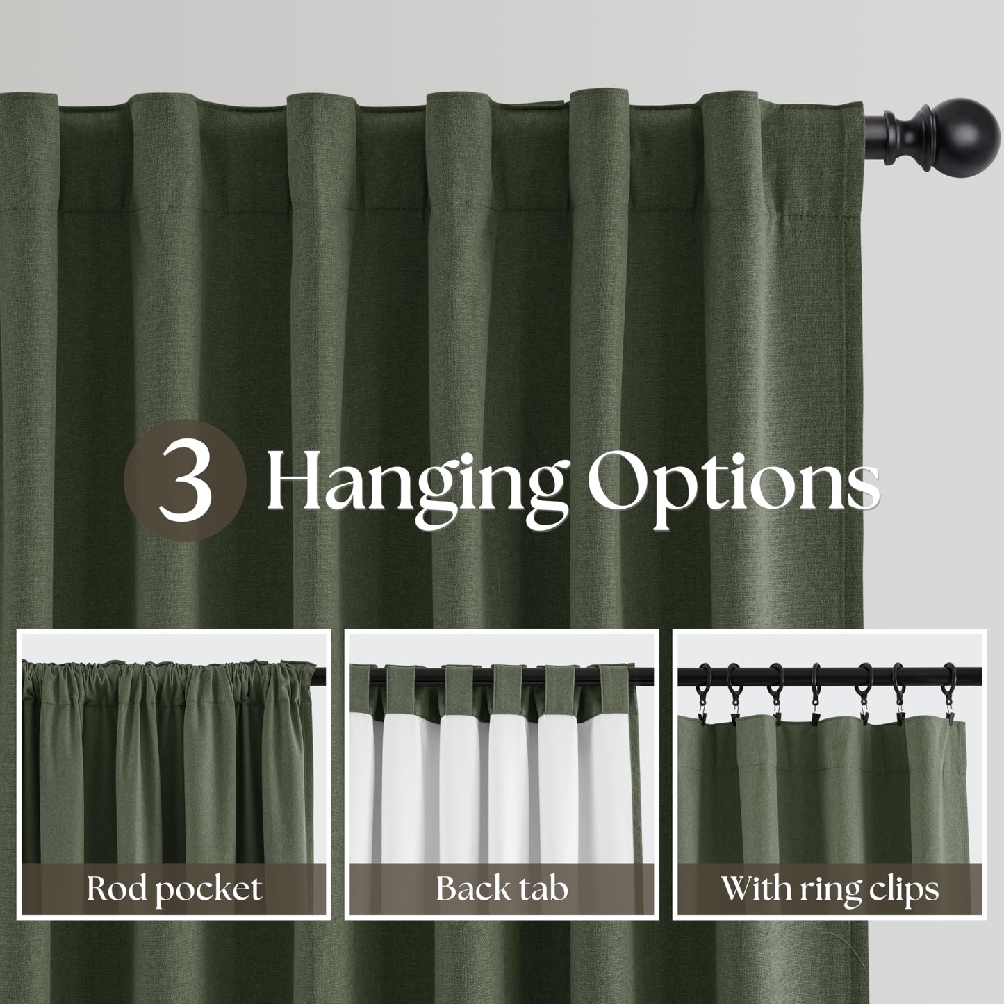Olive Green 100% Blackout Curtains Linen Textured for Bedroom Black Out Linen Curtains 84 Inches Long Full Light Blocking Thermal Insulated Drapes Energy Saving Rod Pocket Back Tab 52x84 Inch Green